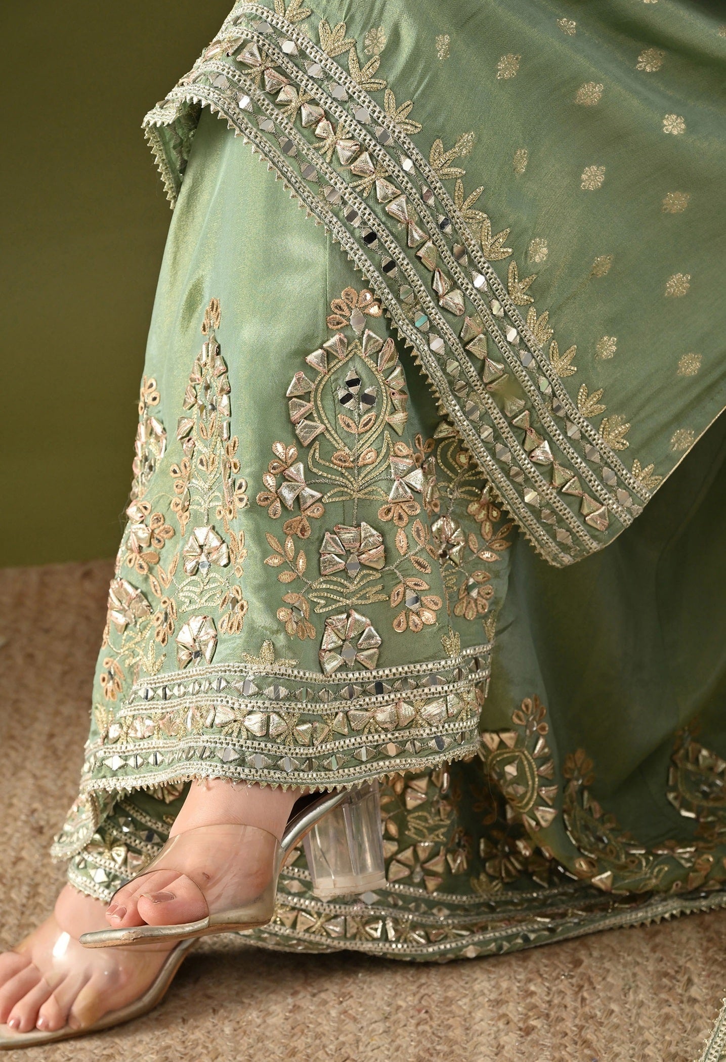 Pista Green Benarasi Silk Sharara Set with Gotta, Zardozi & Mirror Work