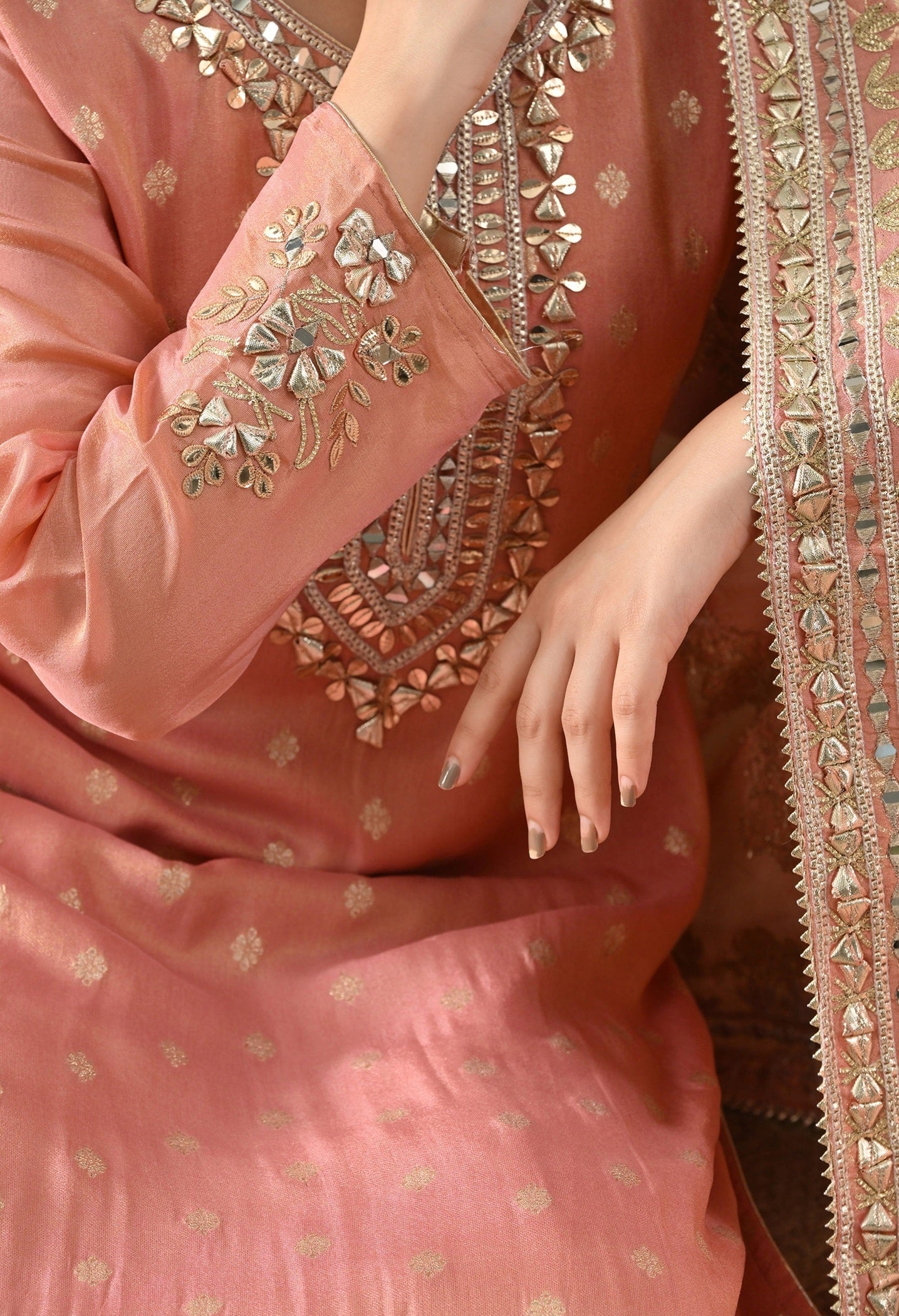 Dark Peach Benarasi Silk Sharara Set with Gotta, Zardozi & Mirror Embroidery