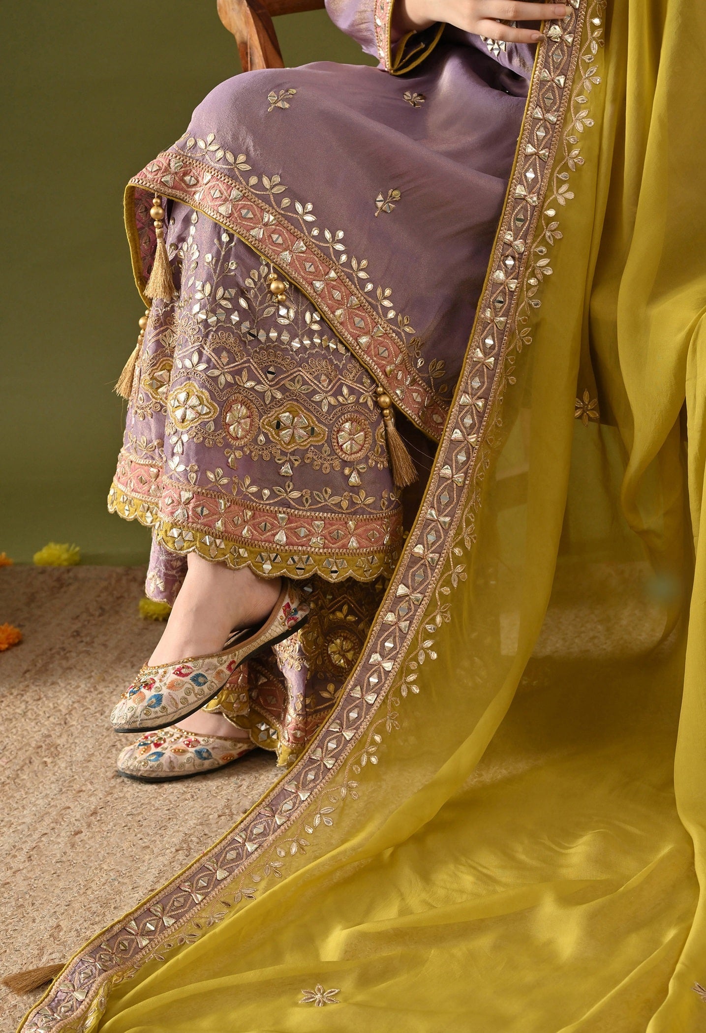 Purple Tissue Silk Gharara Set with Gotta, Zardozi, Mirror & Applique Work.