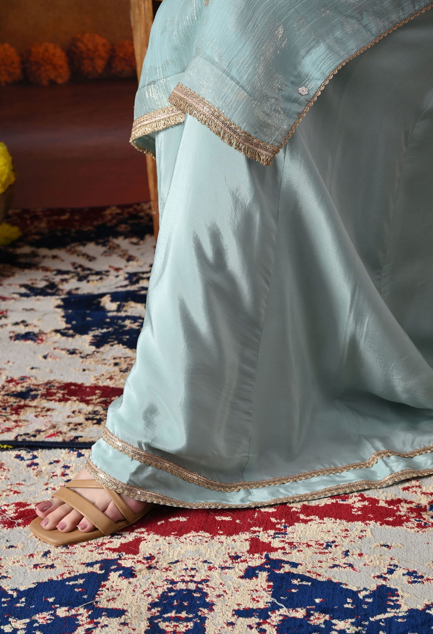 Sky Blue Crust Organza Sharara Set with intricate gotta, zardozi, applique, and crystal work, paired with a pink and blue dupatta