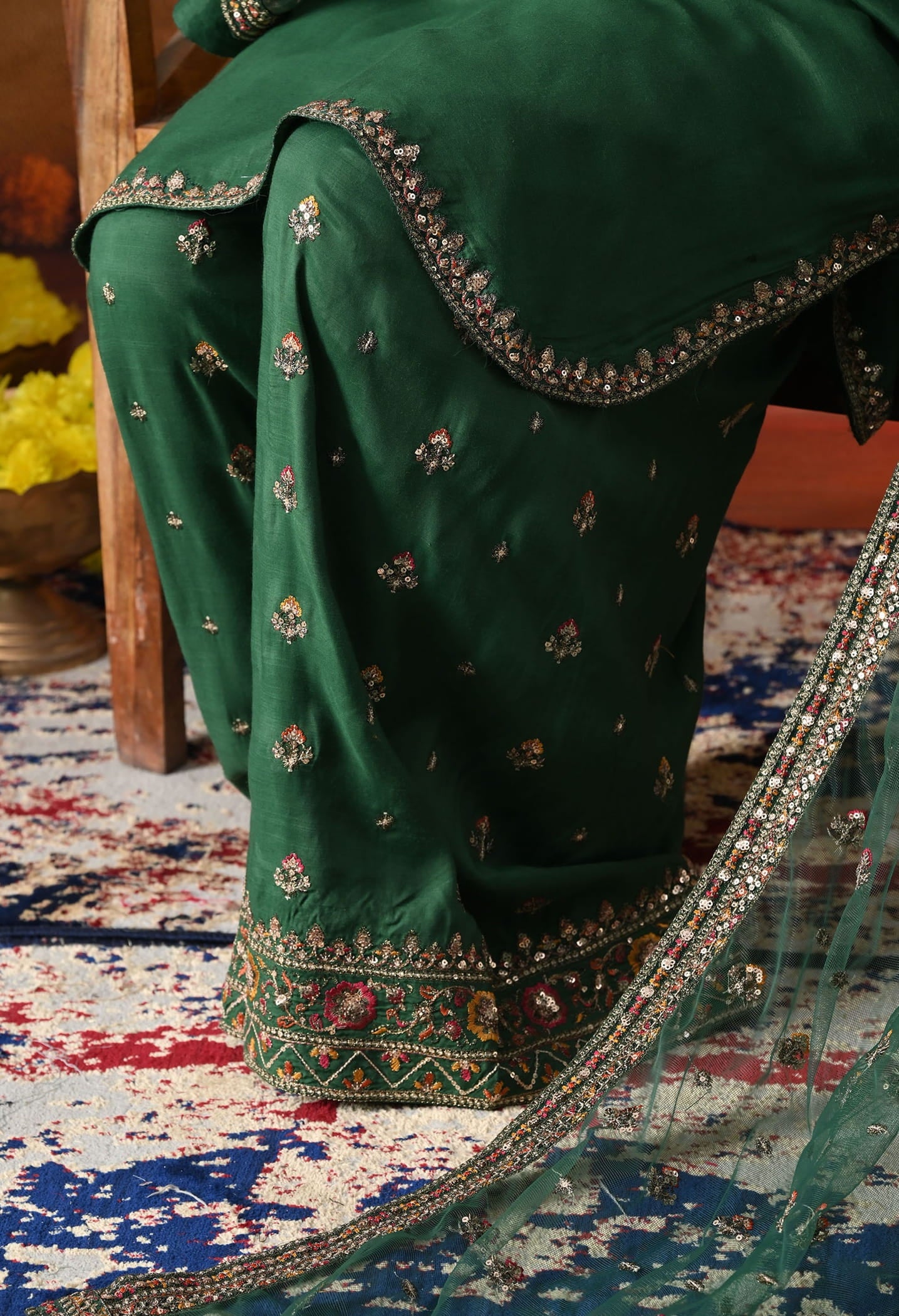 Green Cotton Silk Kurta Set with intricate zardozi, sequin, and thread work, paired with a farshi salwar and matching dupatta