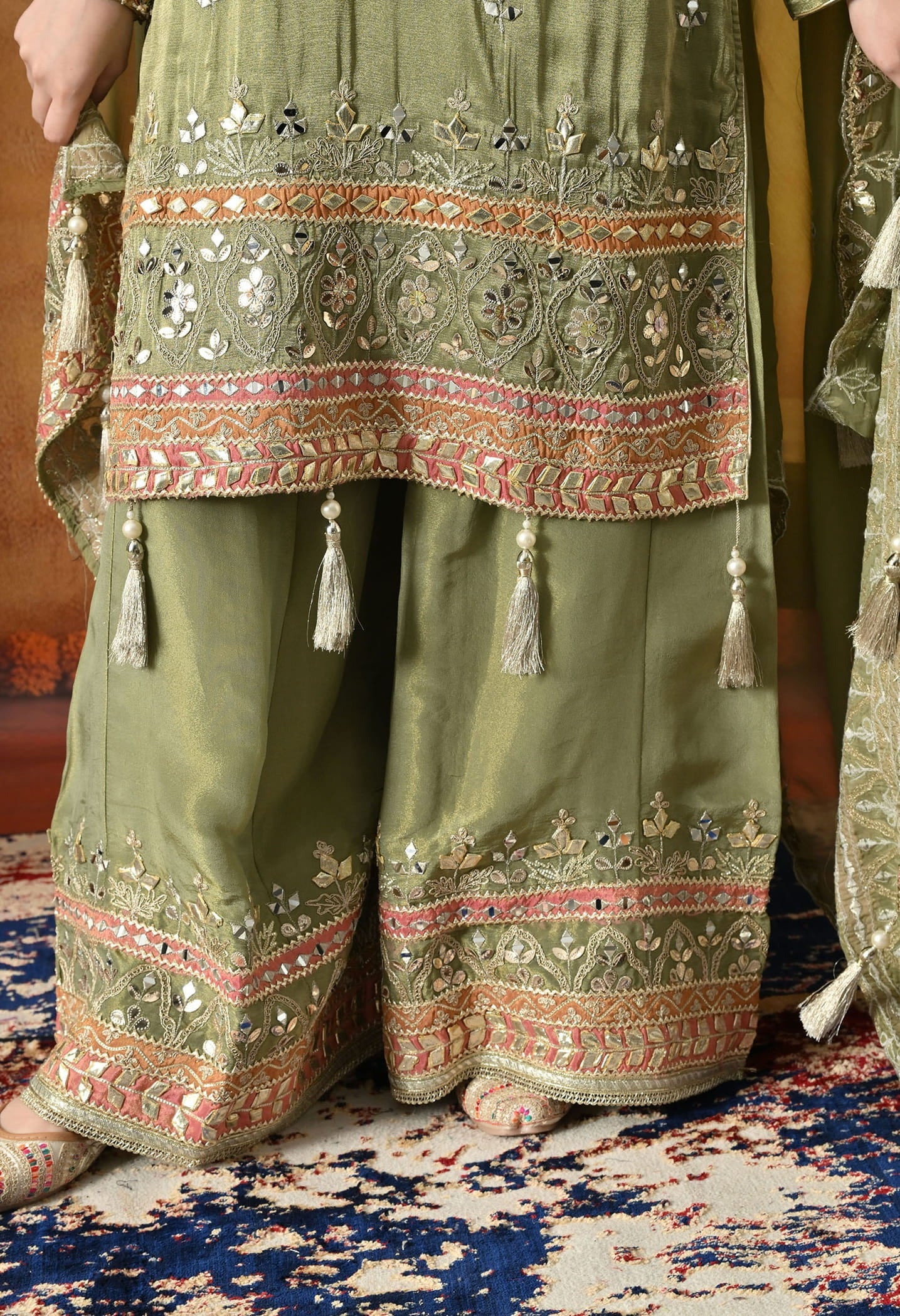 Green Sharara Set with Gotta, Zardozi, Applique & Mirror Work.