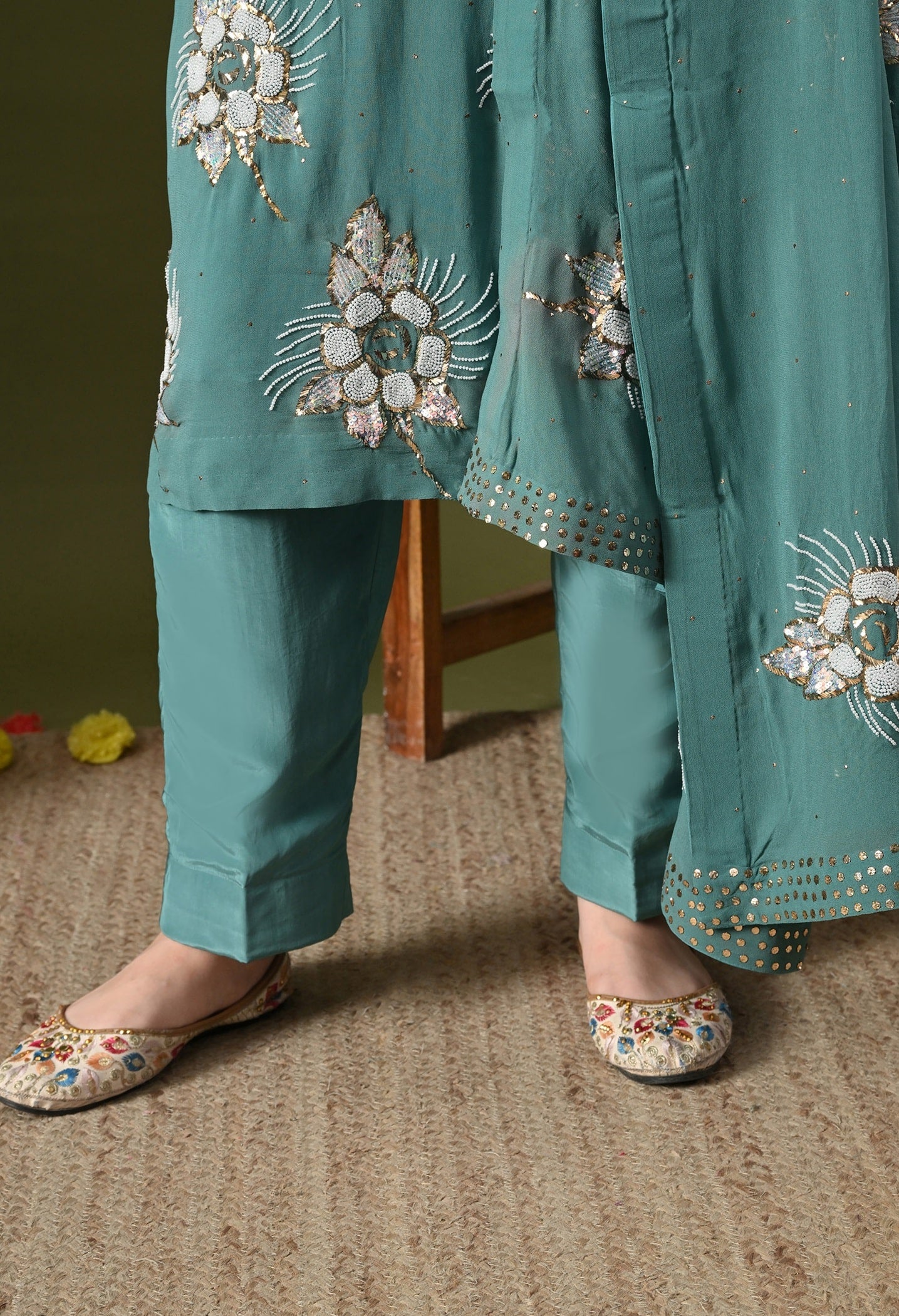 Pista Green Kurta Set with Mukaish Work