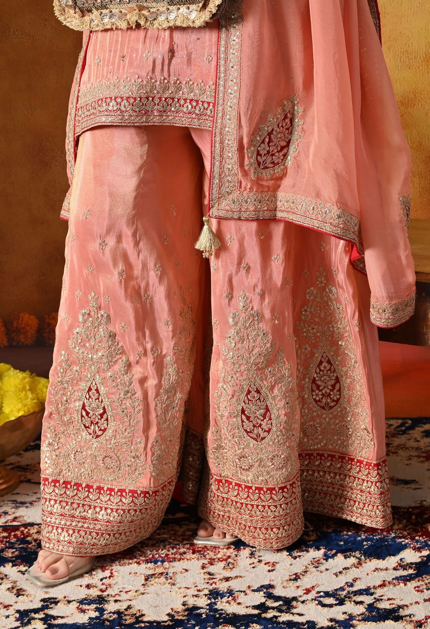 Peach Sharara Set with Zardozi, Applique, Thread & Sequin Work.