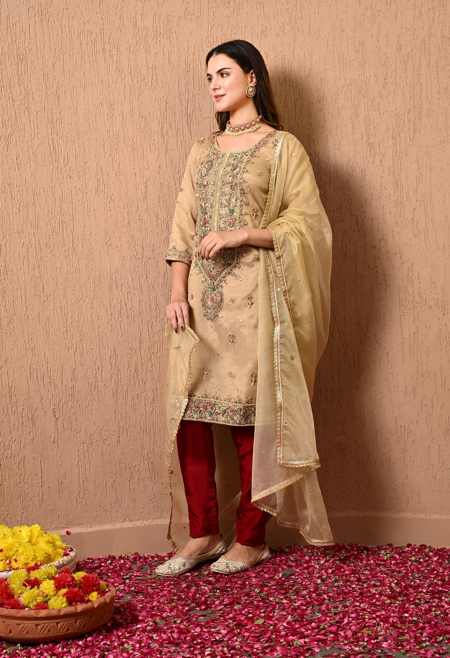 Golden Green Kurta Set with Zardozi, Dabka, Thread, and Sequin work