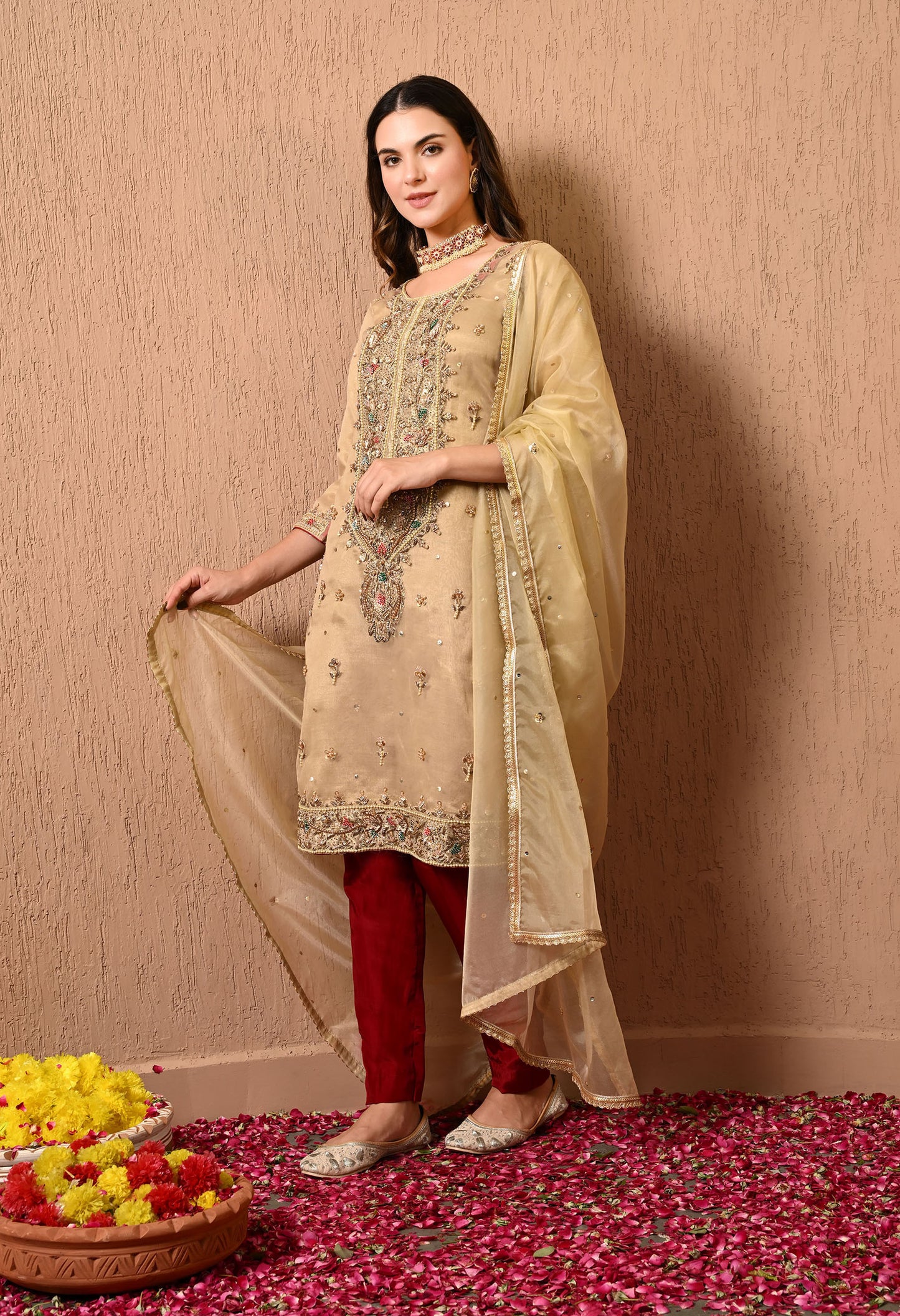 Golden Green Kurta Set with Zardozi, Dabka, Thread, and Sequin work