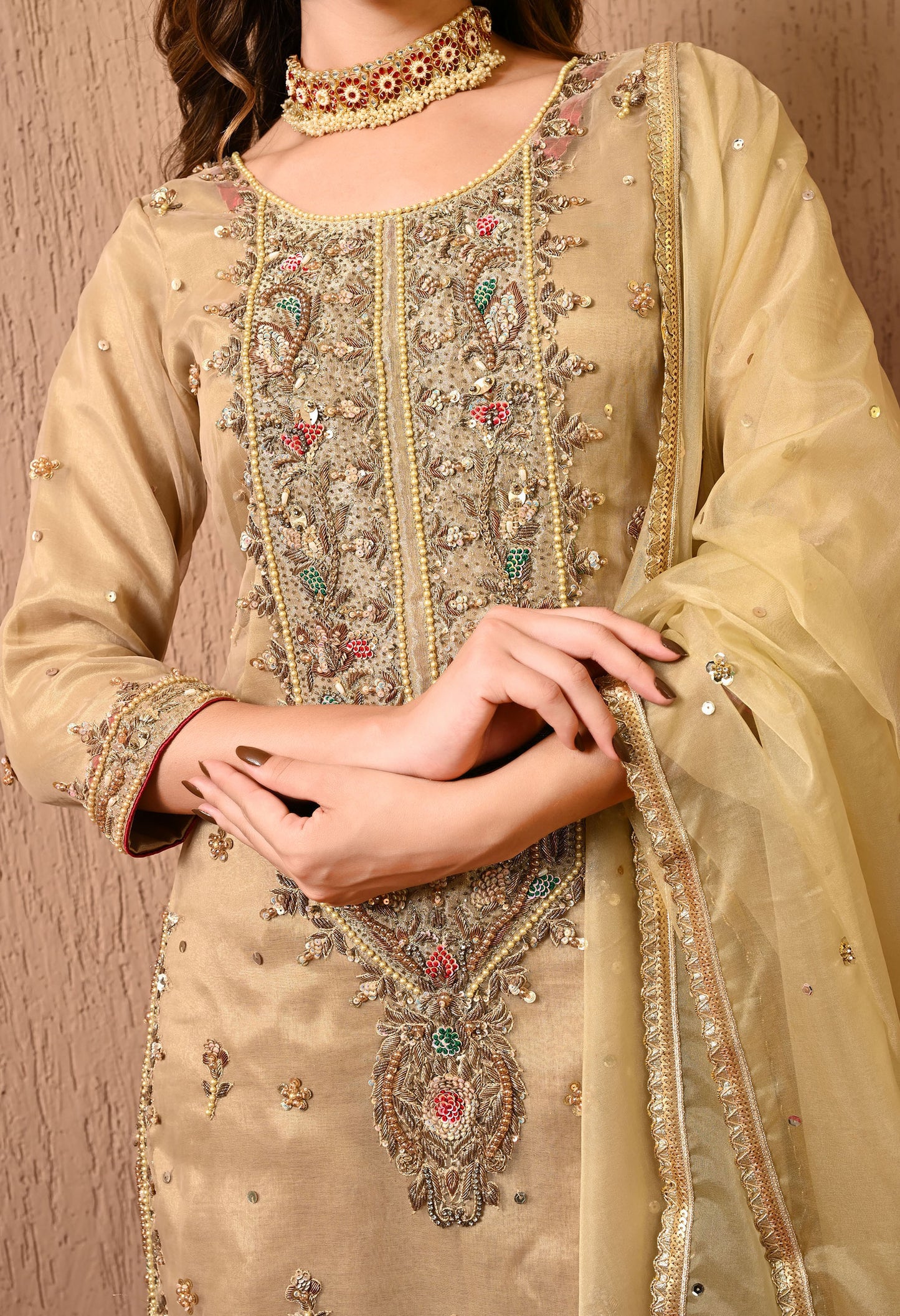 Golden Green Kurta Set with Zardozi, Dabka, Thread, and Sequin work
