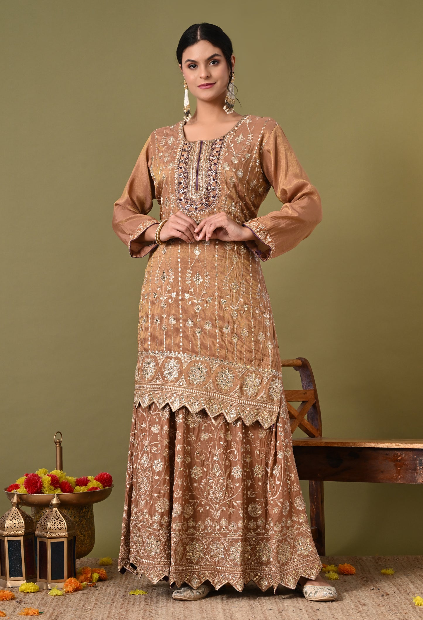 Exquisite Light Brown Lehenga Set with Excellent Zardozi and Sequence Work