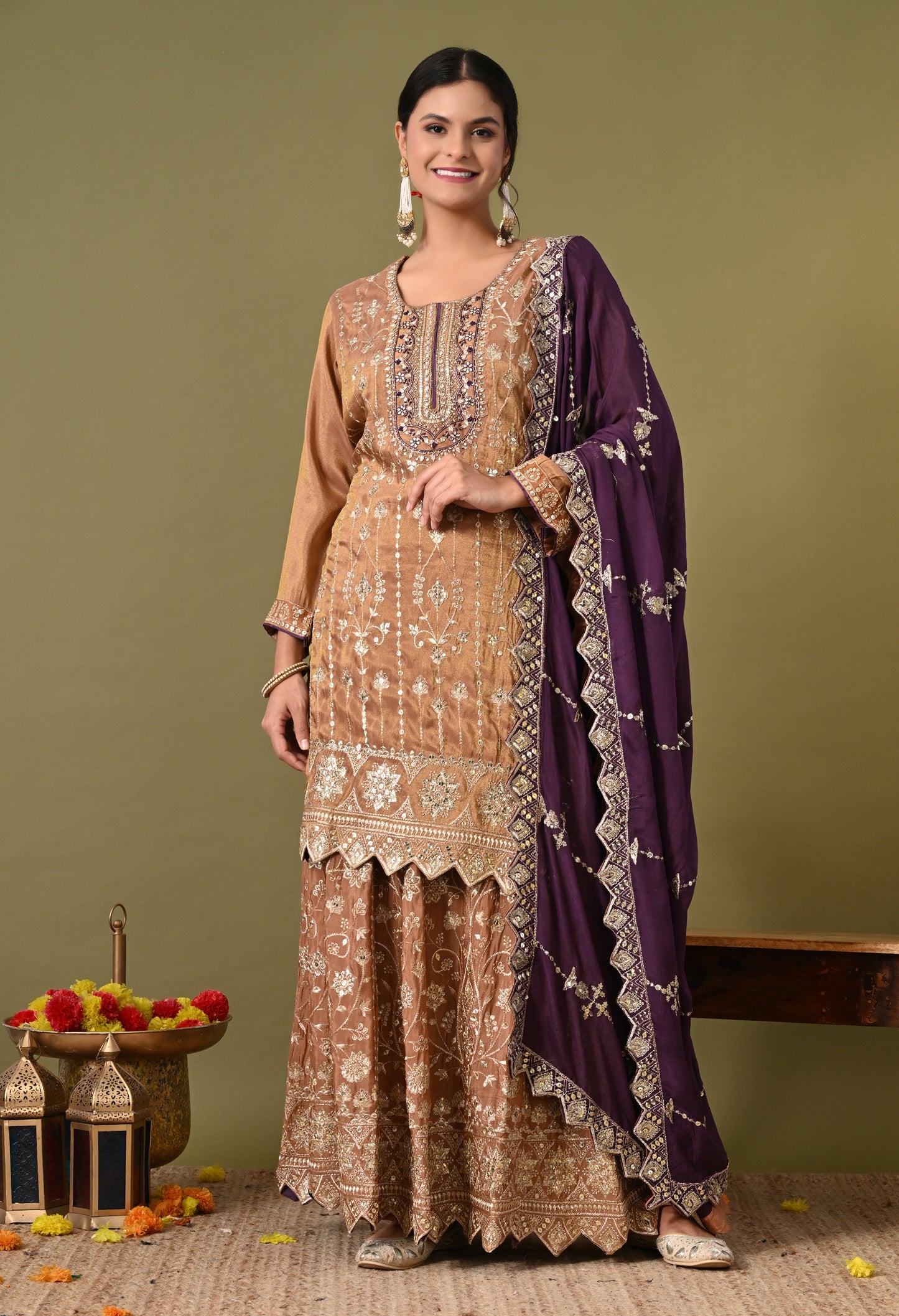 Exquisite Light Brown Lehenga Set with Excellent Zardozi and Sequence Work
