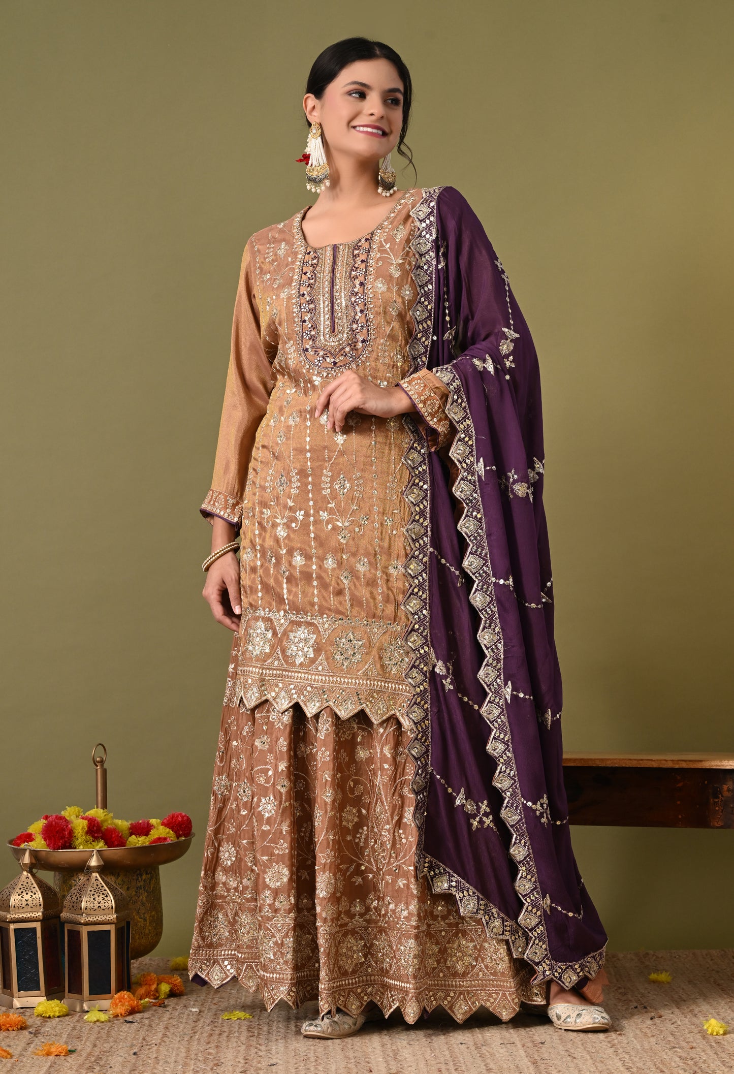 Exquisite Light Brown Lehenga Set with Excellent Zardozi and Sequence Work