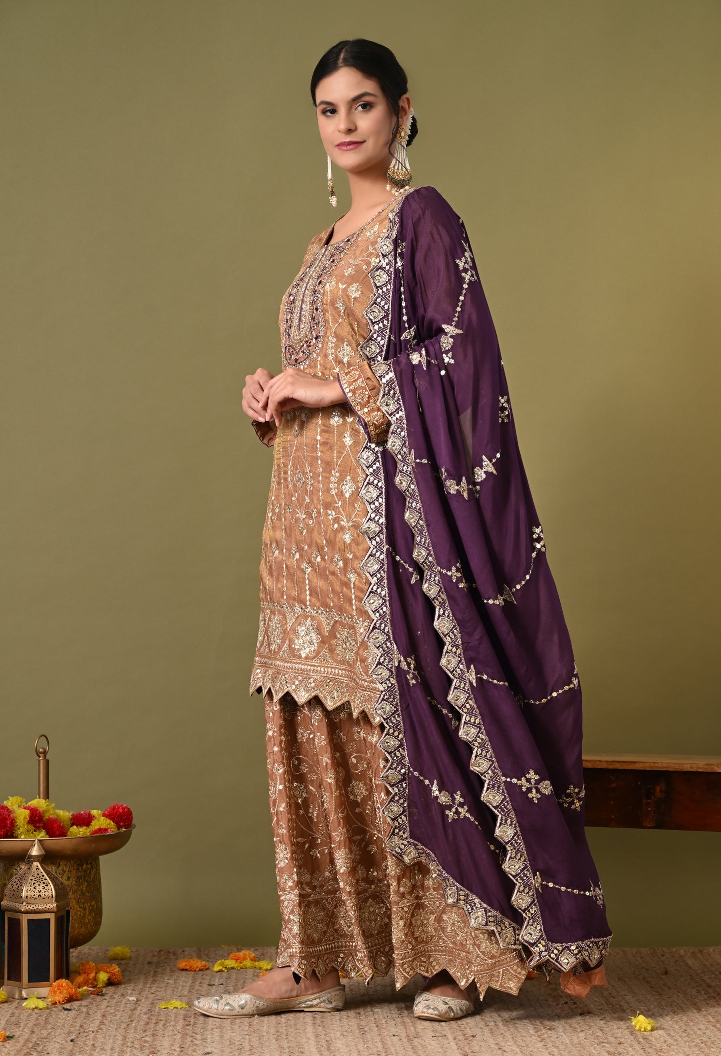 Exquisite Light Brown Lehenga Set with Excellent Zardozi and Sequence Work