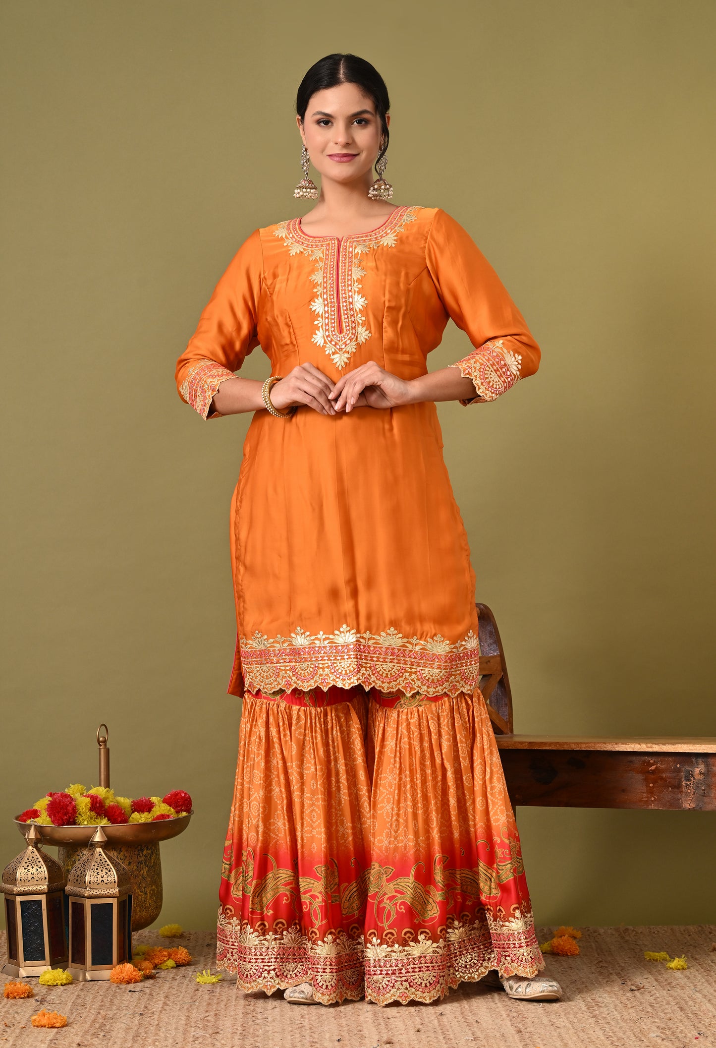 Excellent Orange Gharara Set with Gotta and Zardozi Work