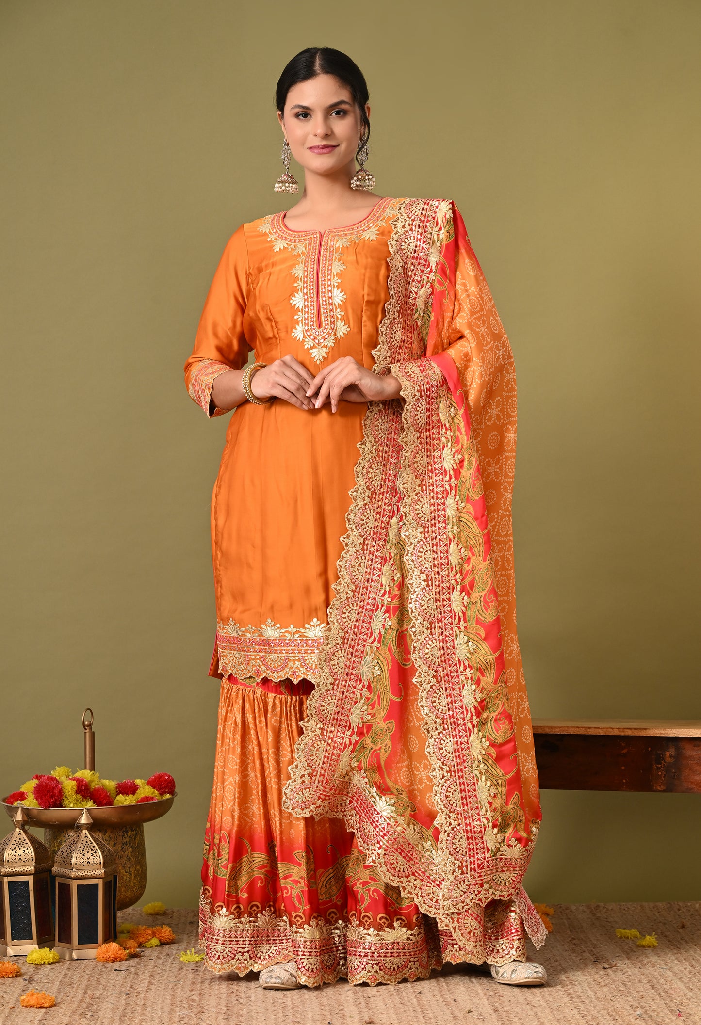 Excellent Orange Gharara Set with Gotta and Zardozi Work