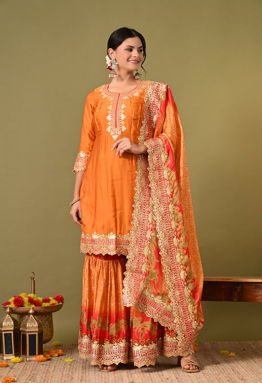 Excellent Orange Gharara Set with Gotta and Zardozi Work