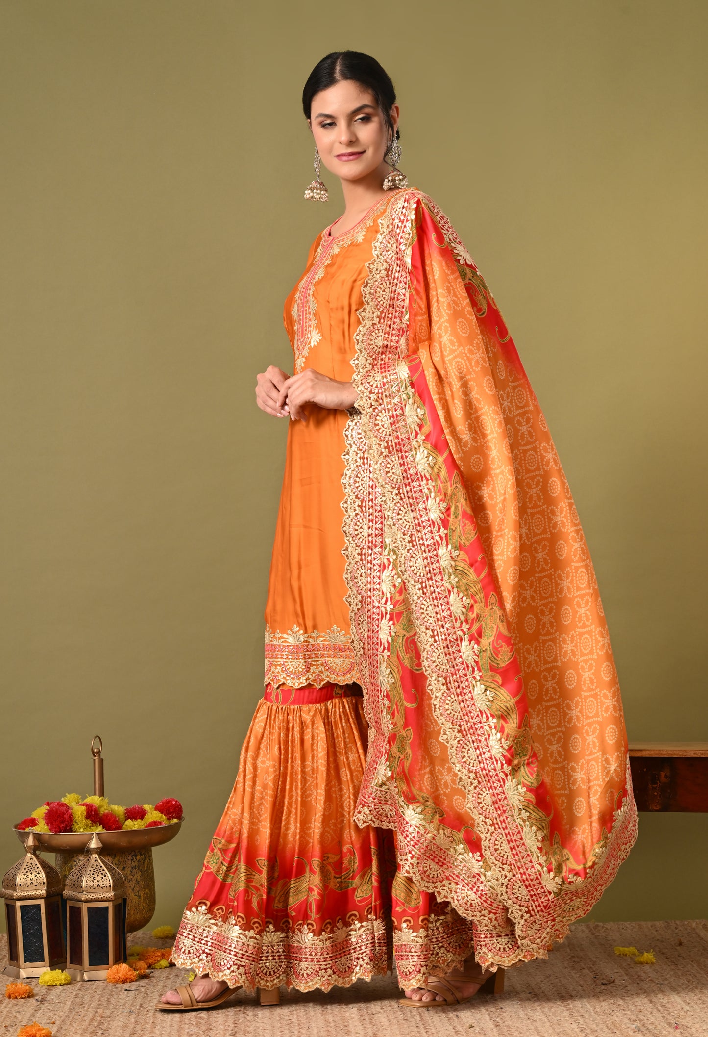 Excellent Orange Gharara Set with Gotta and Zardozi Work