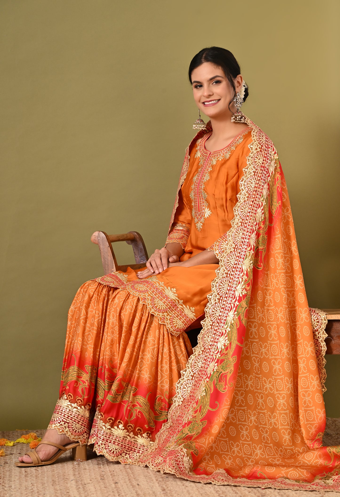 Excellent Orange Gharara Set with Gotta and Zardozi Work