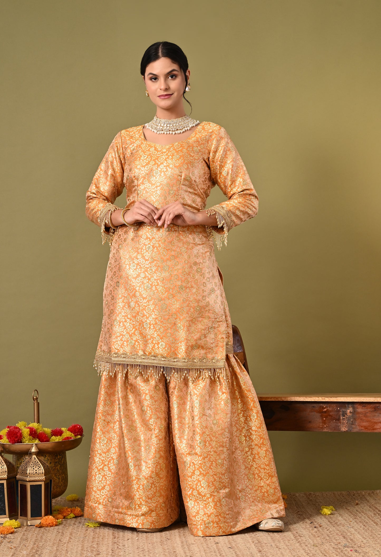 Beautiful Cream Garara Set with Banarasi, Zari, and Crsytal Work