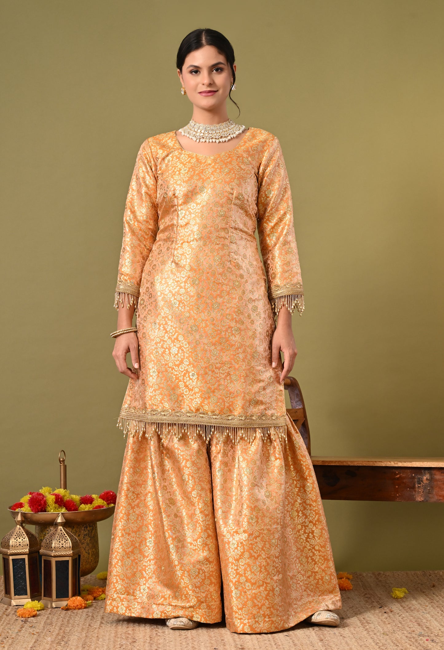 Beautiful Cream Garara Set with Banarasi, Zari, and Crsytal Work