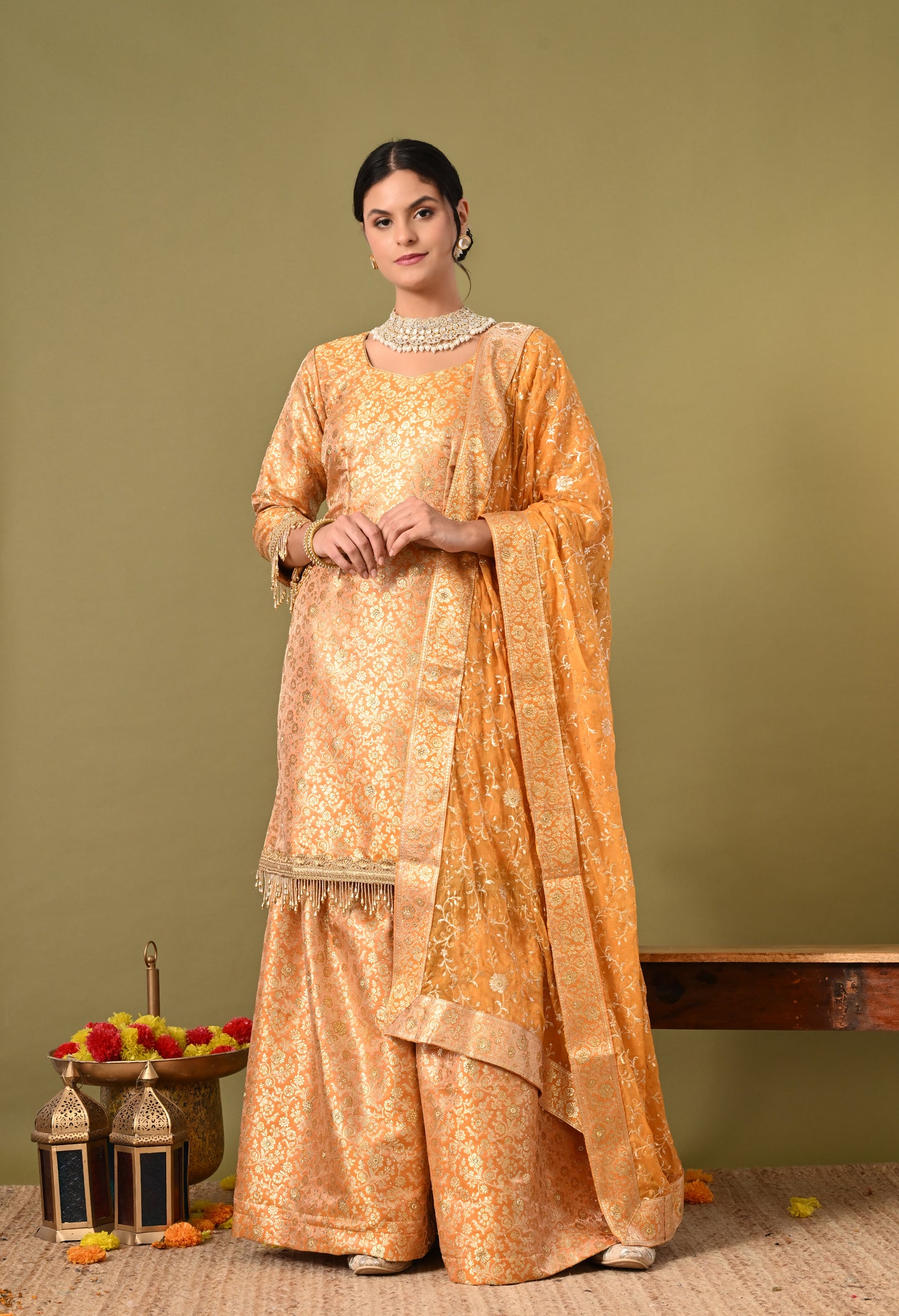 Beautiful Cream Garara Set with Banarasi, Zari, and Crsytal Work