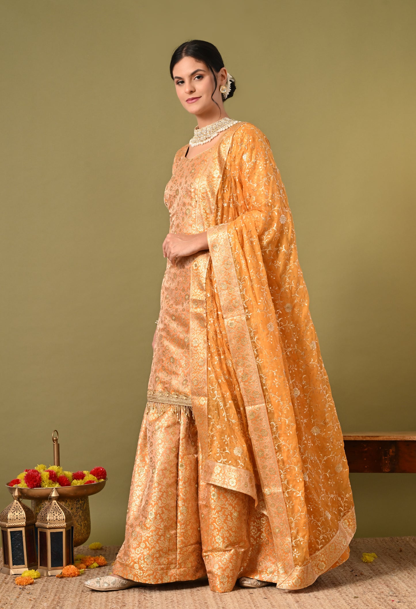 Beautiful Cream Garara Set with Banarasi, Zari, and Crsytal Work