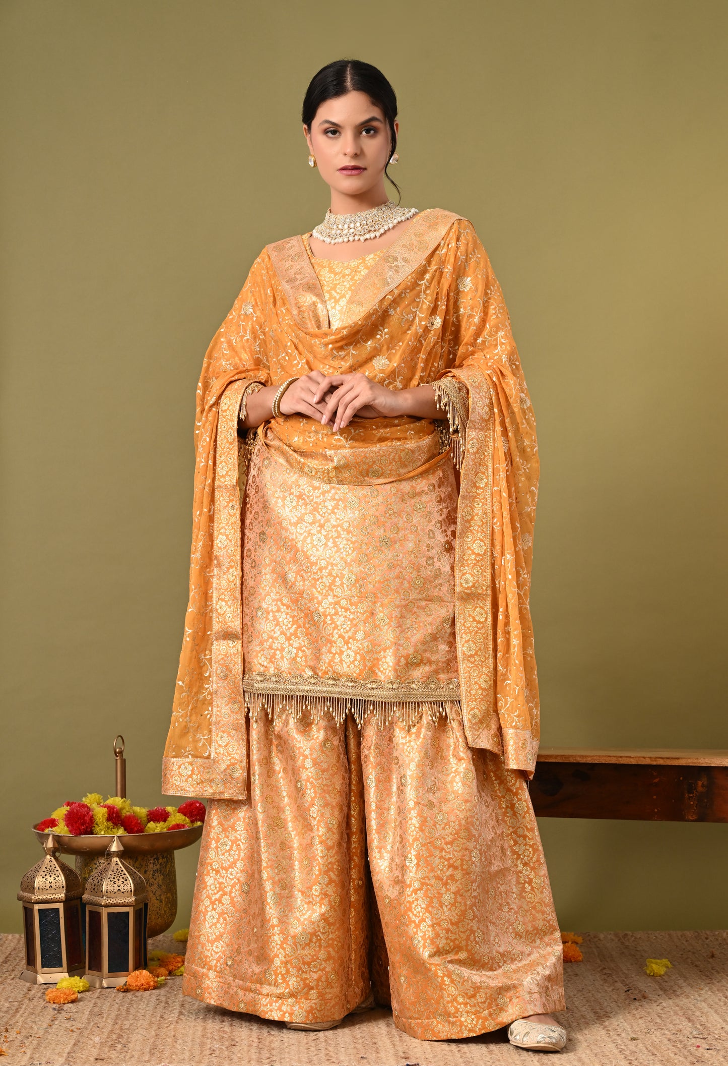 Beautiful Cream Garara Set with Banarasi, Zari, and Crsytal Work