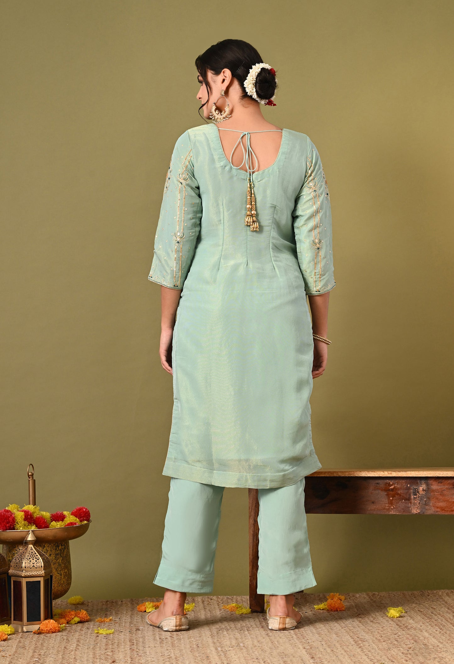 Light Blue-Green Zardozi Sequin Dabka Kurta Ensemble