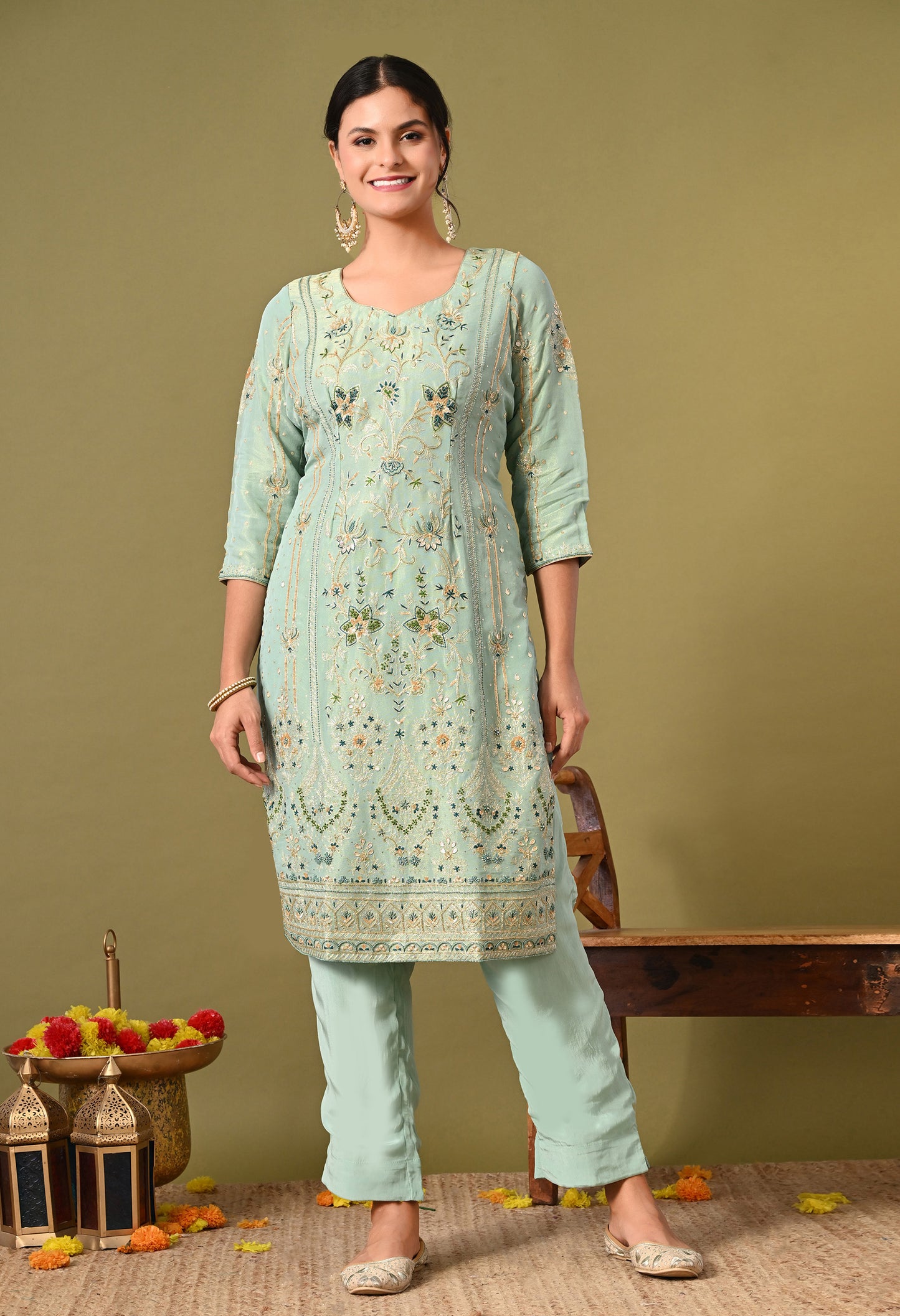 Light Blue-Green Zardozi Sequin Dabka Kurta Ensemble