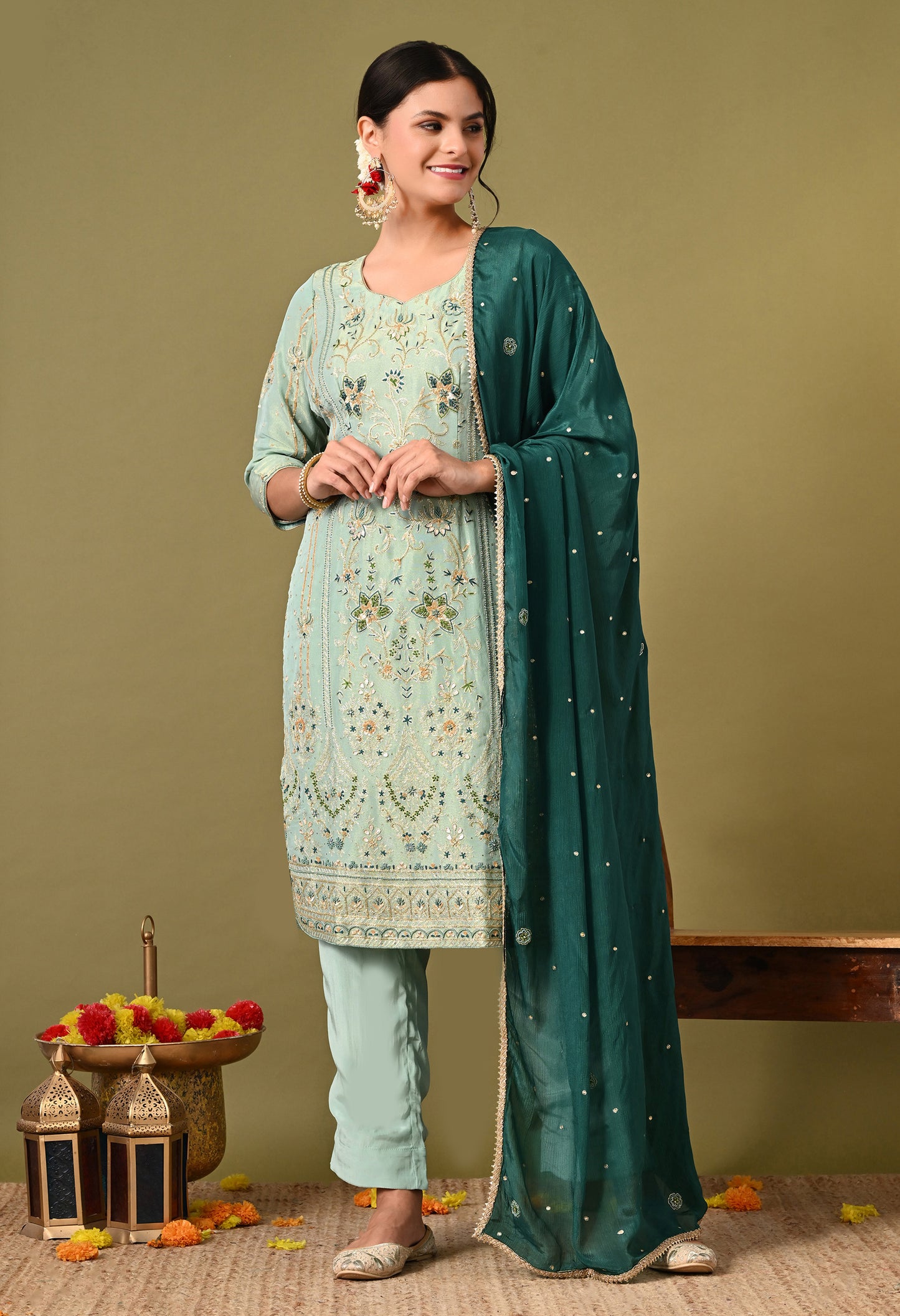 Light Blue-Green Zardozi Sequin Dabka Kurta Ensemble