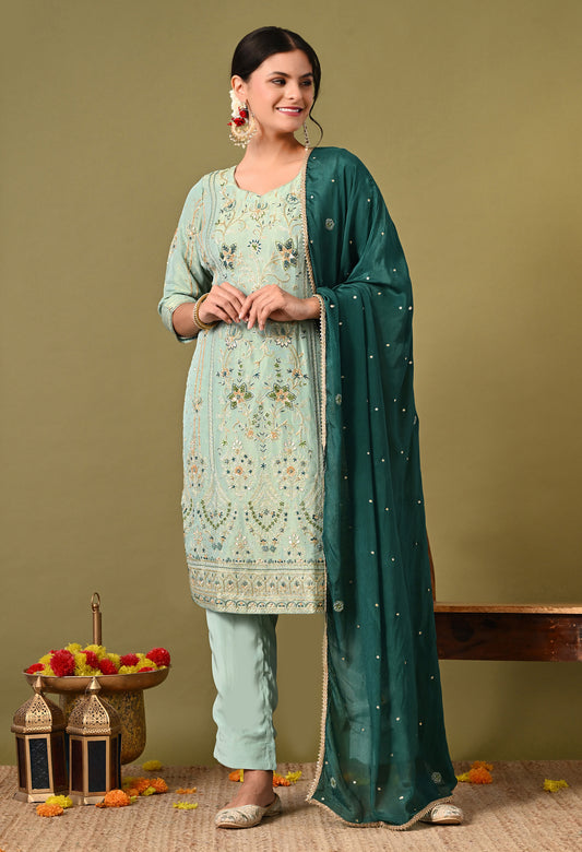 Light Blue-Green Zardozi Sequin Dabka Kurta Ensemble