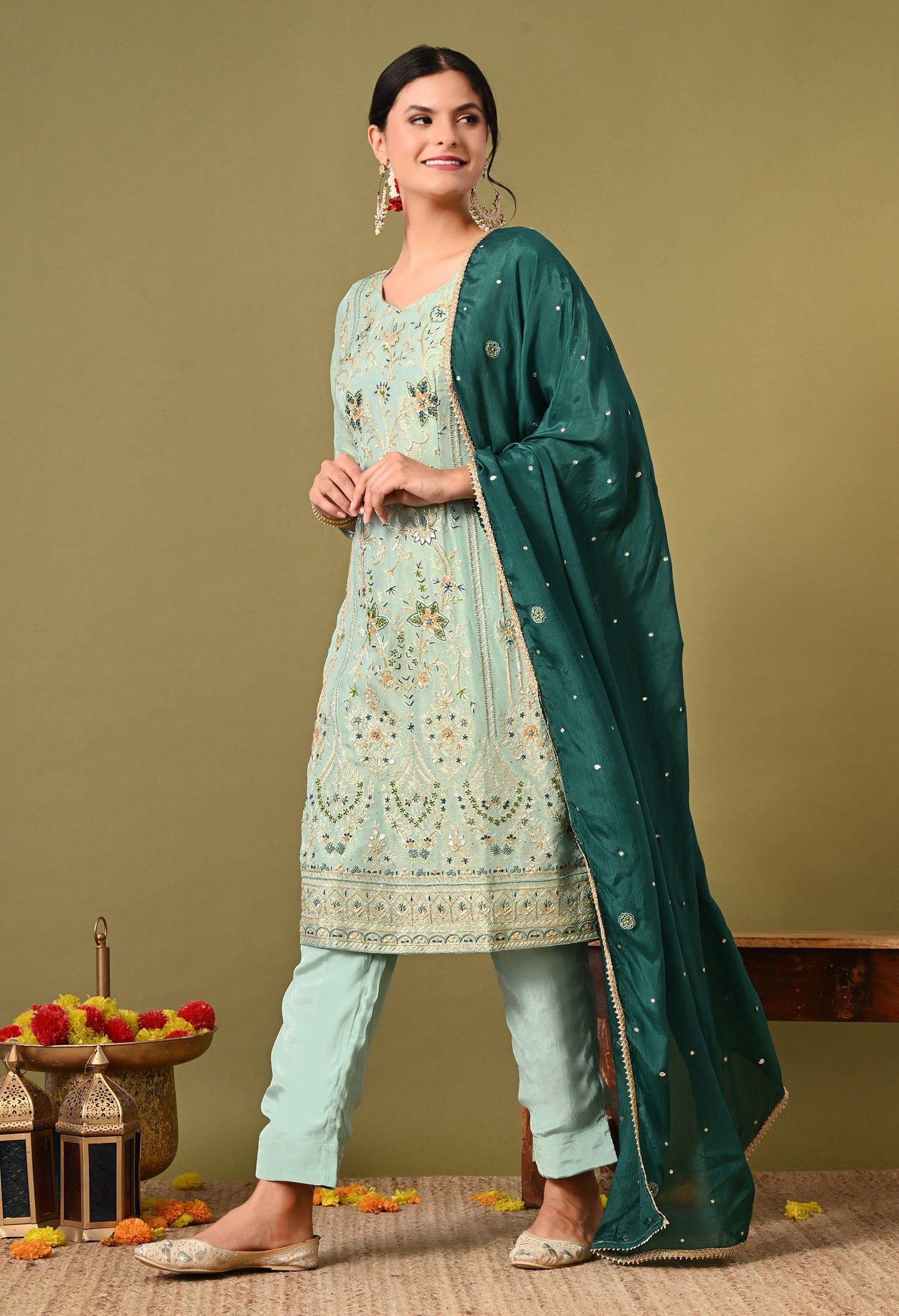 Light Blue-Green Zardozi Sequin Dabka Kurta Ensemble