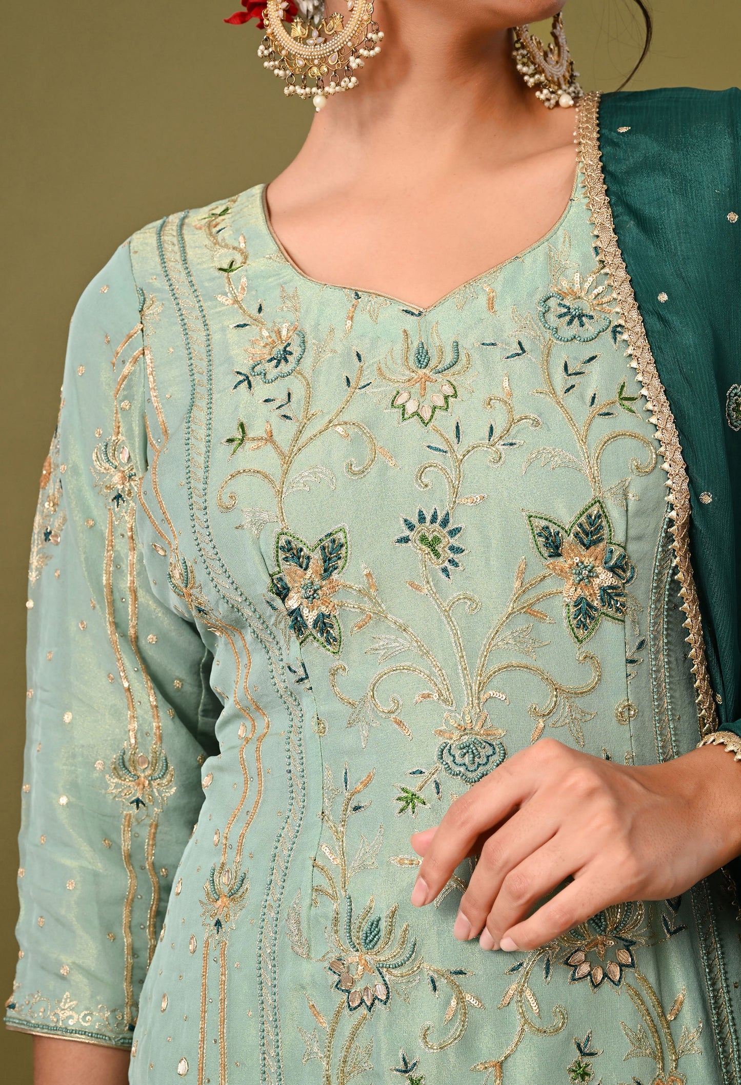 Light Blue-Green Zardozi Sequin Dabka Kurta Ensemble
