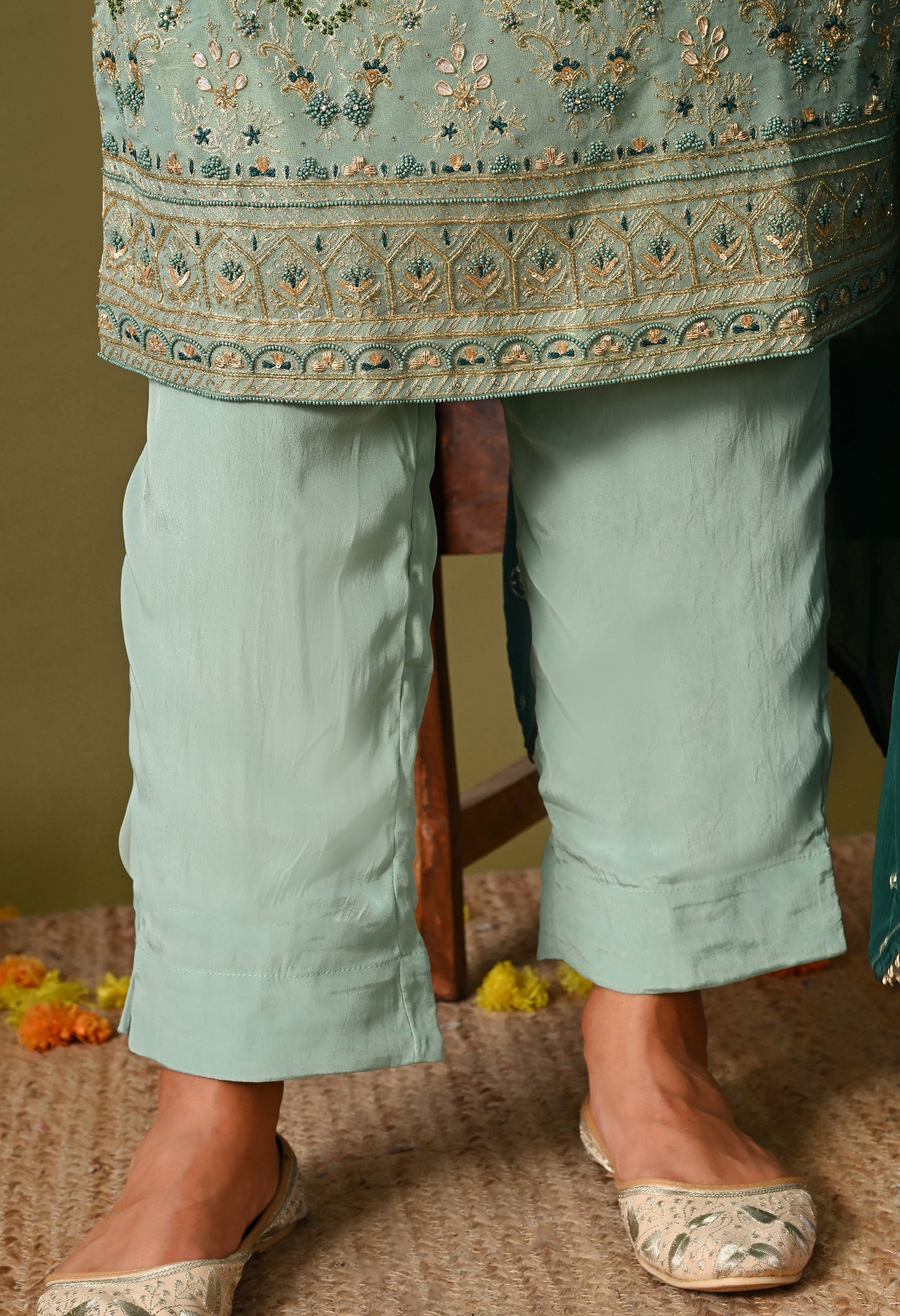 Light Blue-Green Zardozi Sequin Dabka Kurta Ensemble