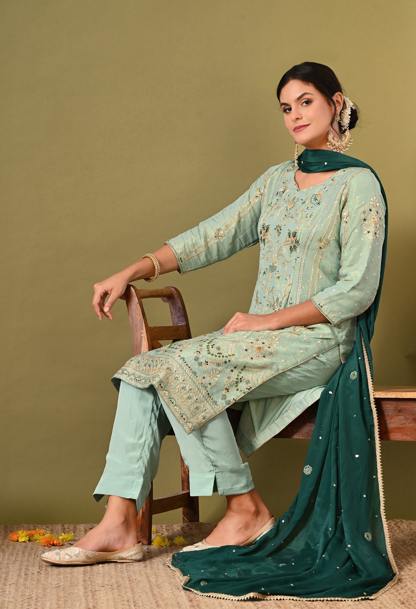 Light Blue-Green Zardozi Sequin Dabka Kurta Ensemble