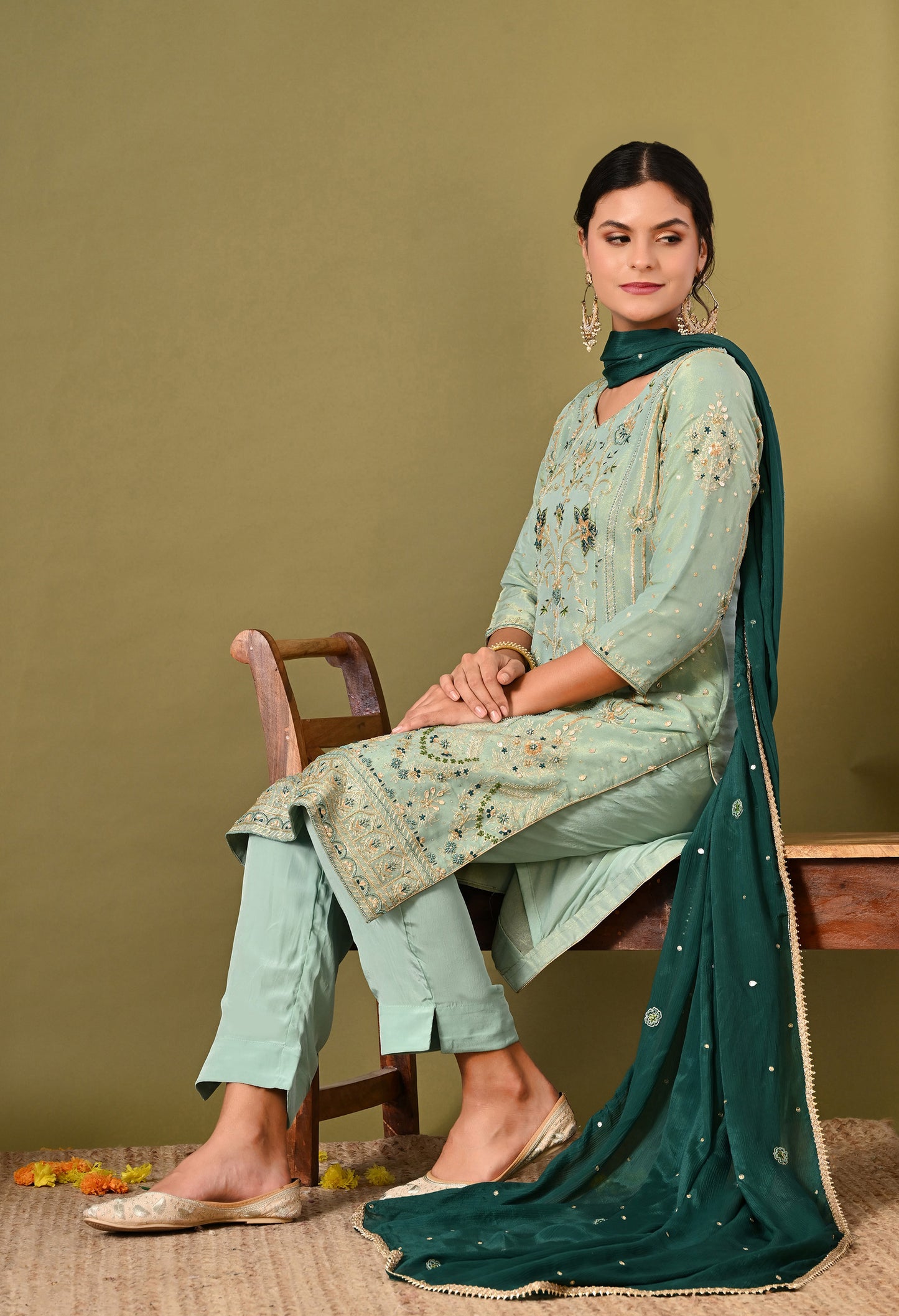 Light Blue-Green Zardozi Sequin Dabka Kurta Ensemble