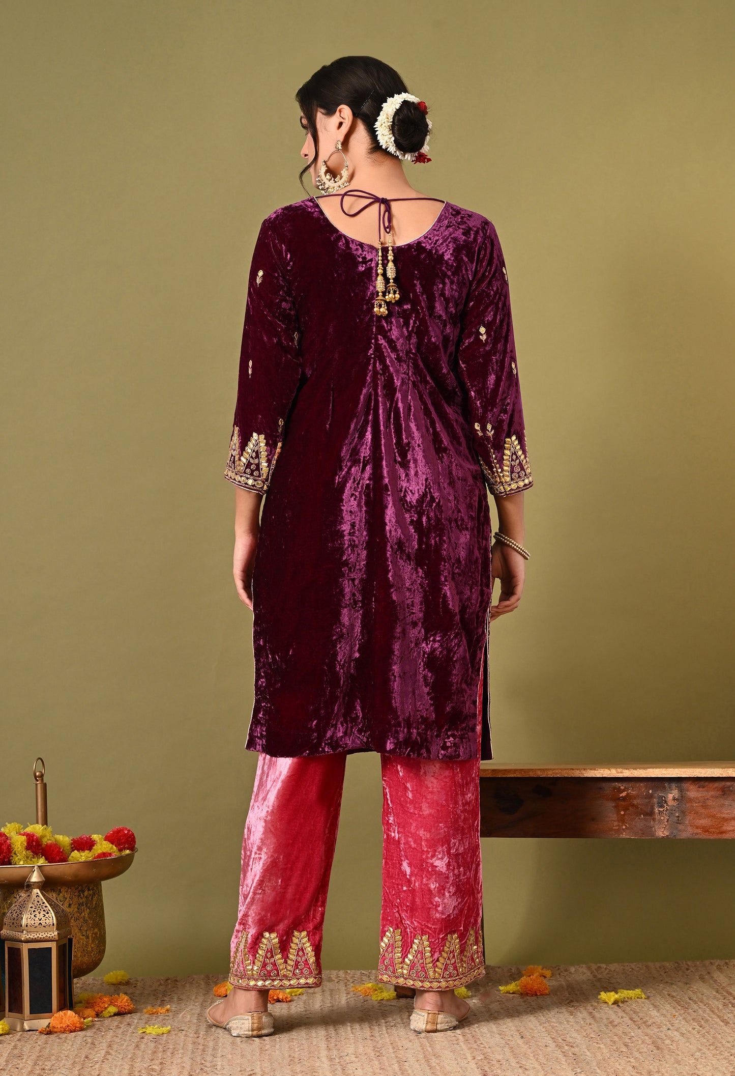 Elegant Pink Wine Velvet Kurta Set with Zardozi, Gota Patti, and Pearl Embroidery