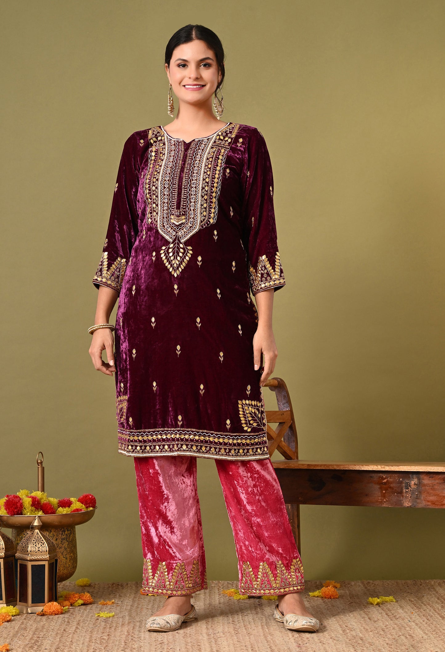 Elegant Pink Wine Velvet Kurta Set with Zardozi, Gota Patti, and Pearl Embroidery
