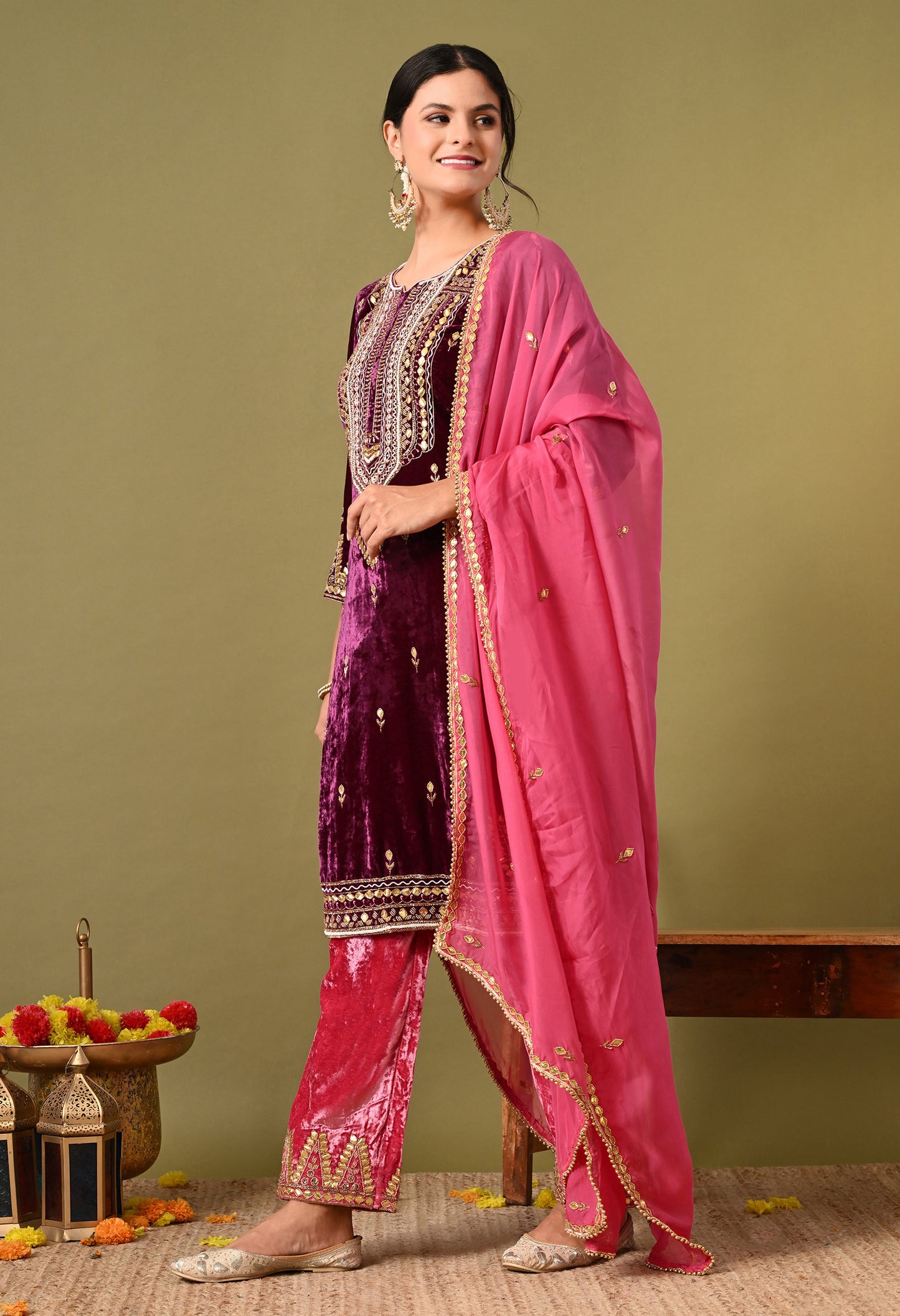 Elegant Pink Wine Velvet Kurta Set with Zardozi, Gota Patti, and Pearl Embroidery