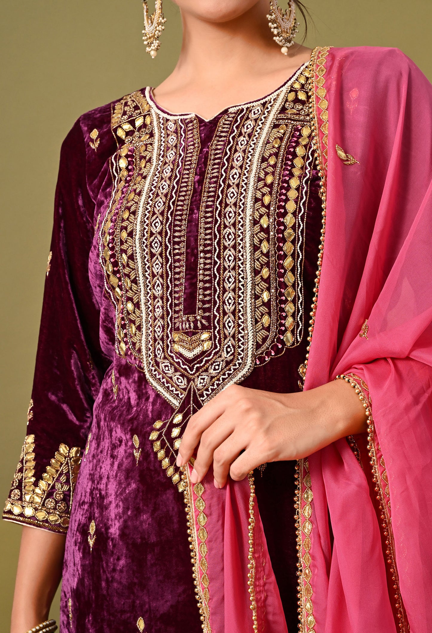 Elegant Pink Wine Velvet Kurta Set with Zardozi, Gota Patti, and Pearl Embroidery