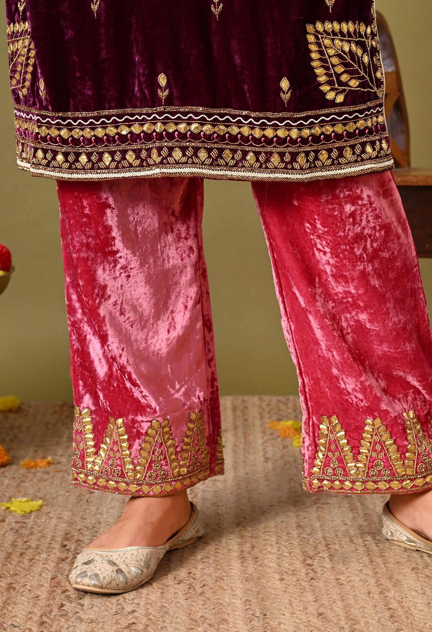 Elegant Pink Wine Velvet Kurta Set with Zardozi, Gota Patti, and Pearl Embroidery