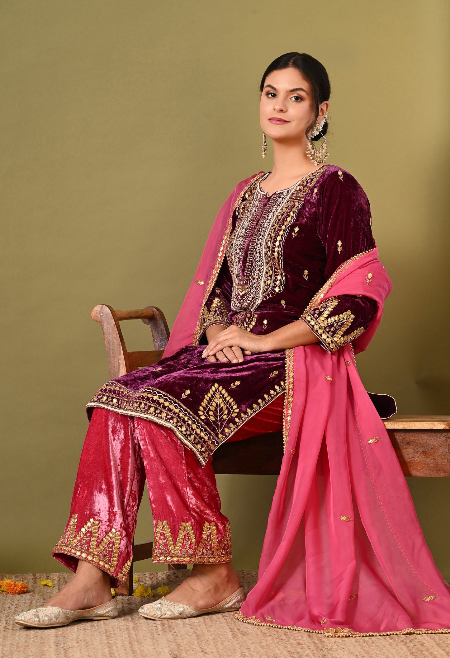 Elegant Pink Wine Velvet Kurta Set with Zardozi, Gota Patti, and Pearl Embroidery