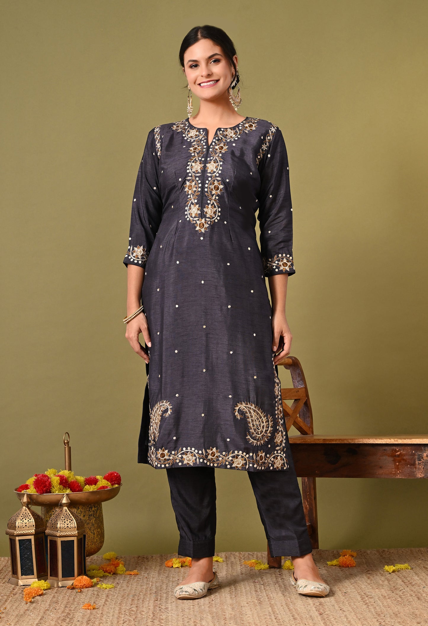 Subtle Dark Grey Kurta Set with Intricate Mukaish Work