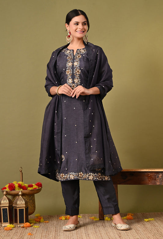 Subtle Dark Grey Kurta Set with Intricate Mukaish Work
