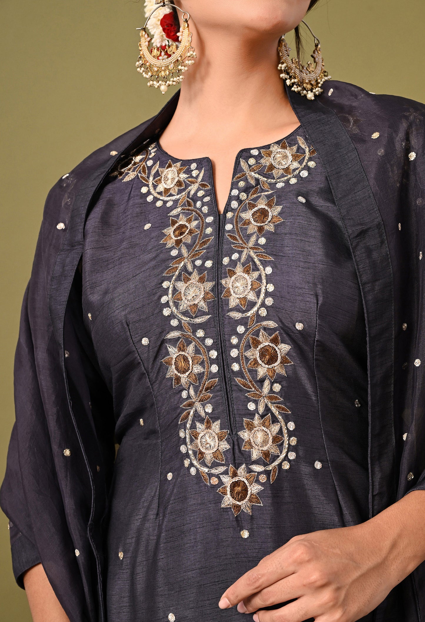 Subtle Dark Grey Kurta Set with Intricate Mukaish Work