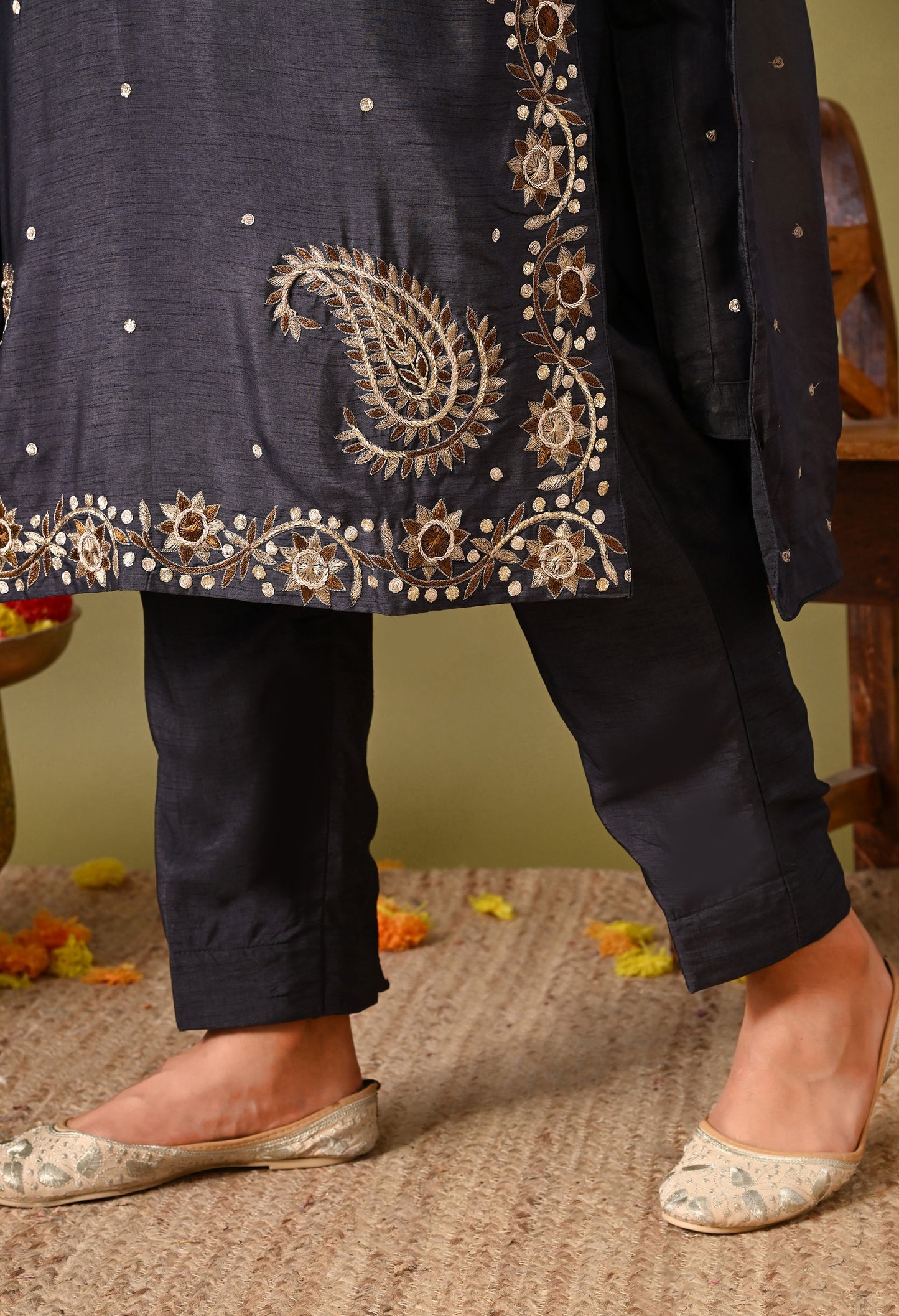 Subtle Dark Grey Kurta Set with Intricate Mukaish Work