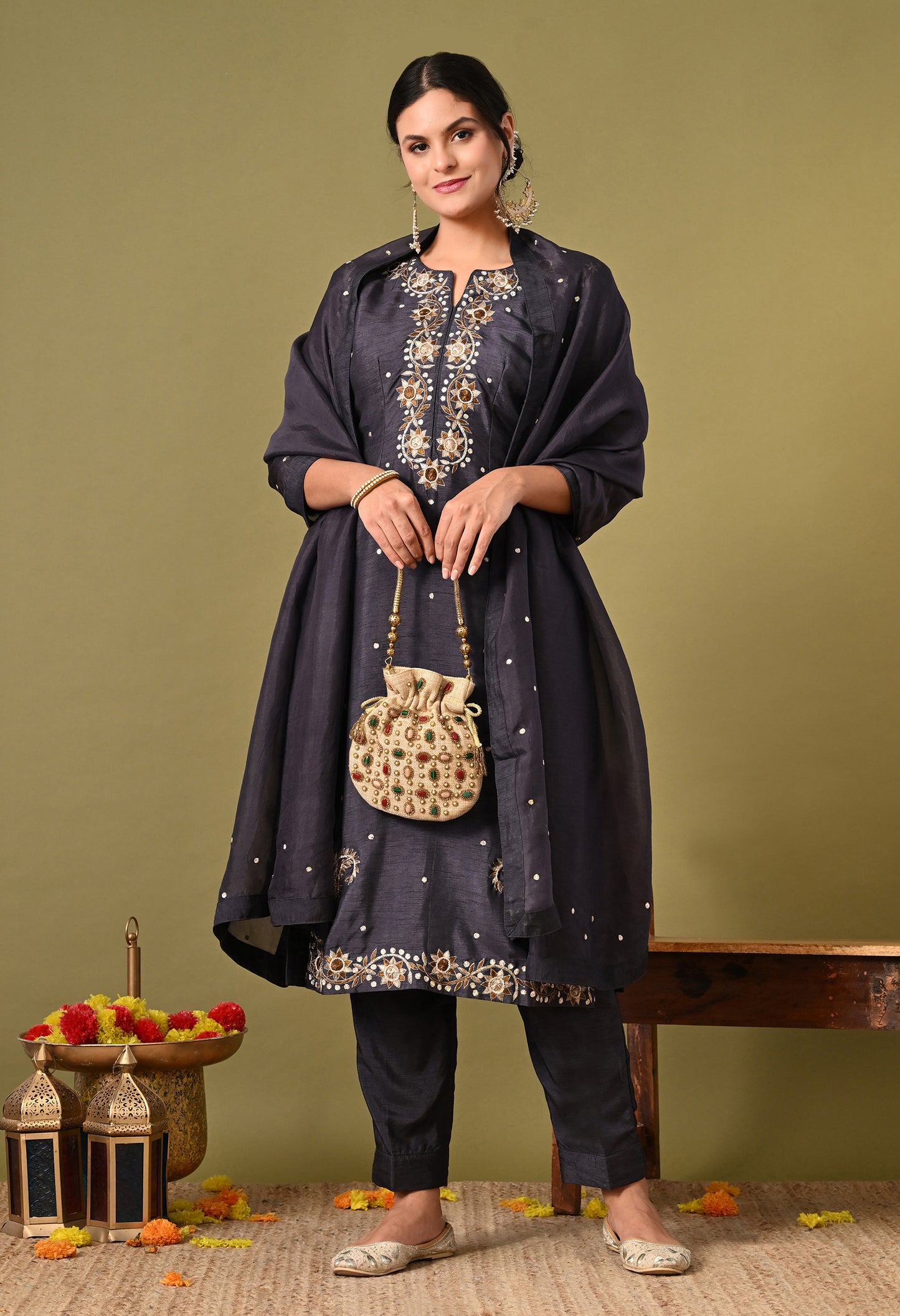 Subtle Dark Grey Kurta Set with Intricate Mukaish Work