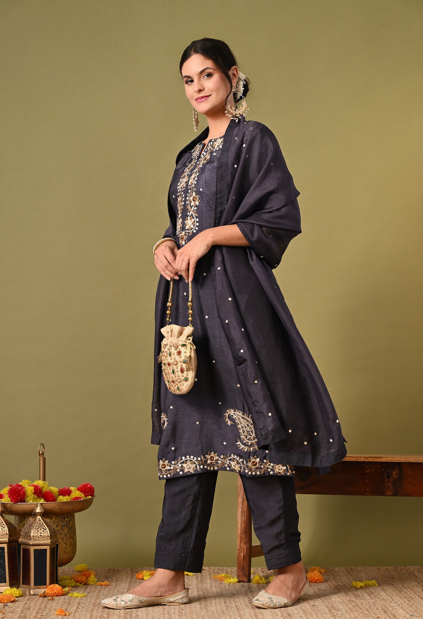 Subtle Dark Grey Kurta Set with Intricate Mukaish Work
