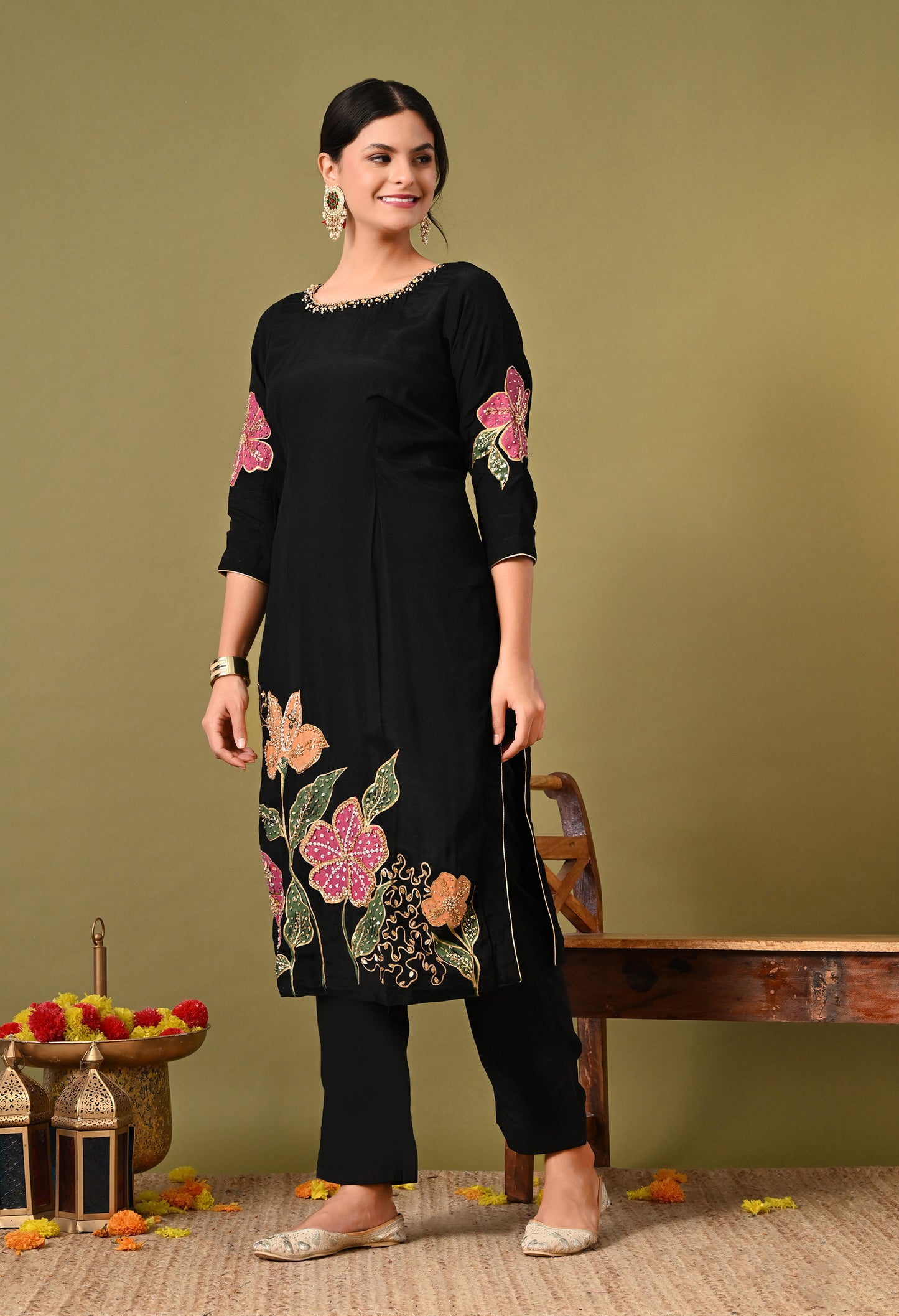 Black Silk Kurta Set with Intricate Embroidery and Hand-Painted Detailing