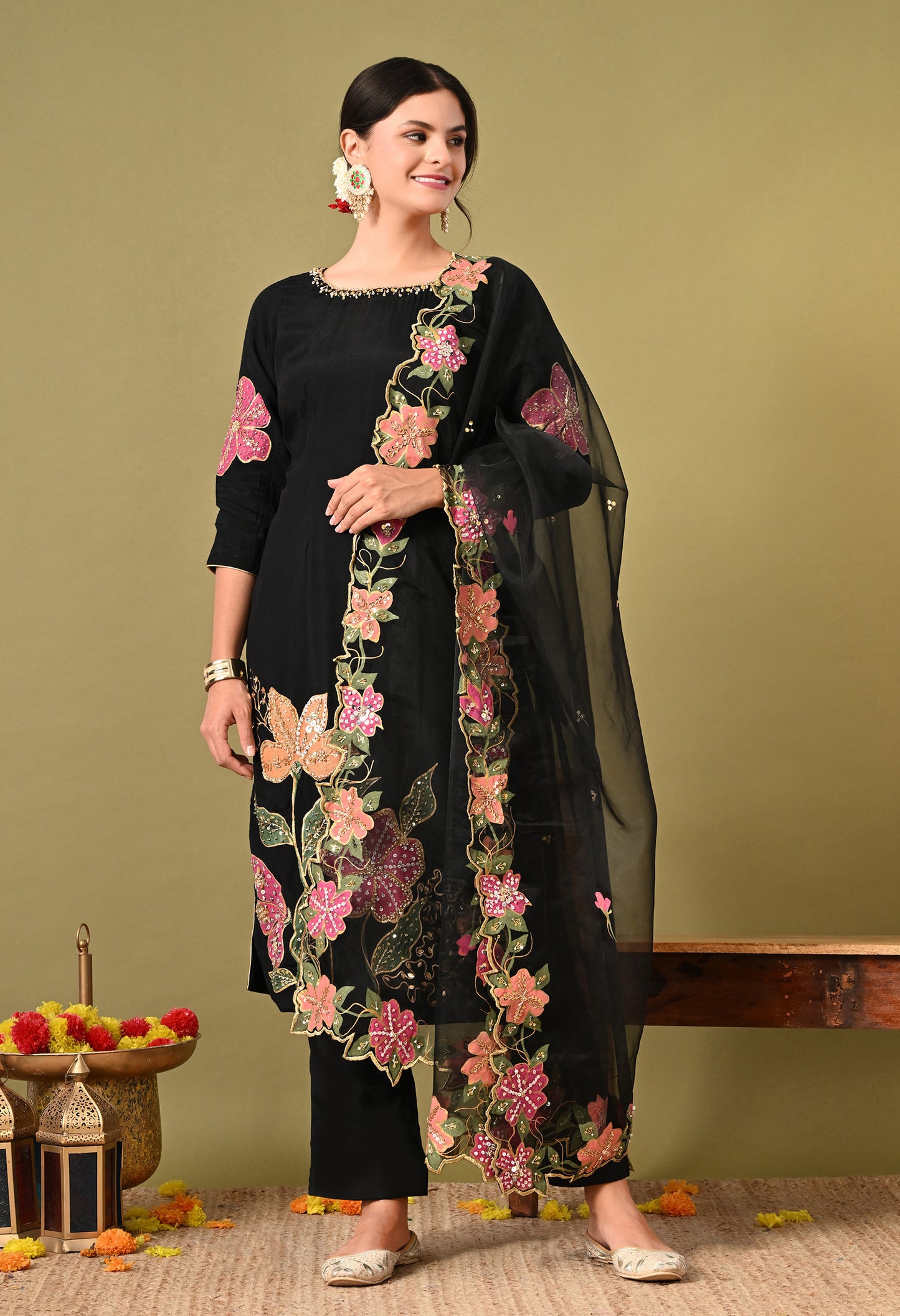Black Silk Kurta Set with Intricate Embroidery and Hand-Painted Detailing