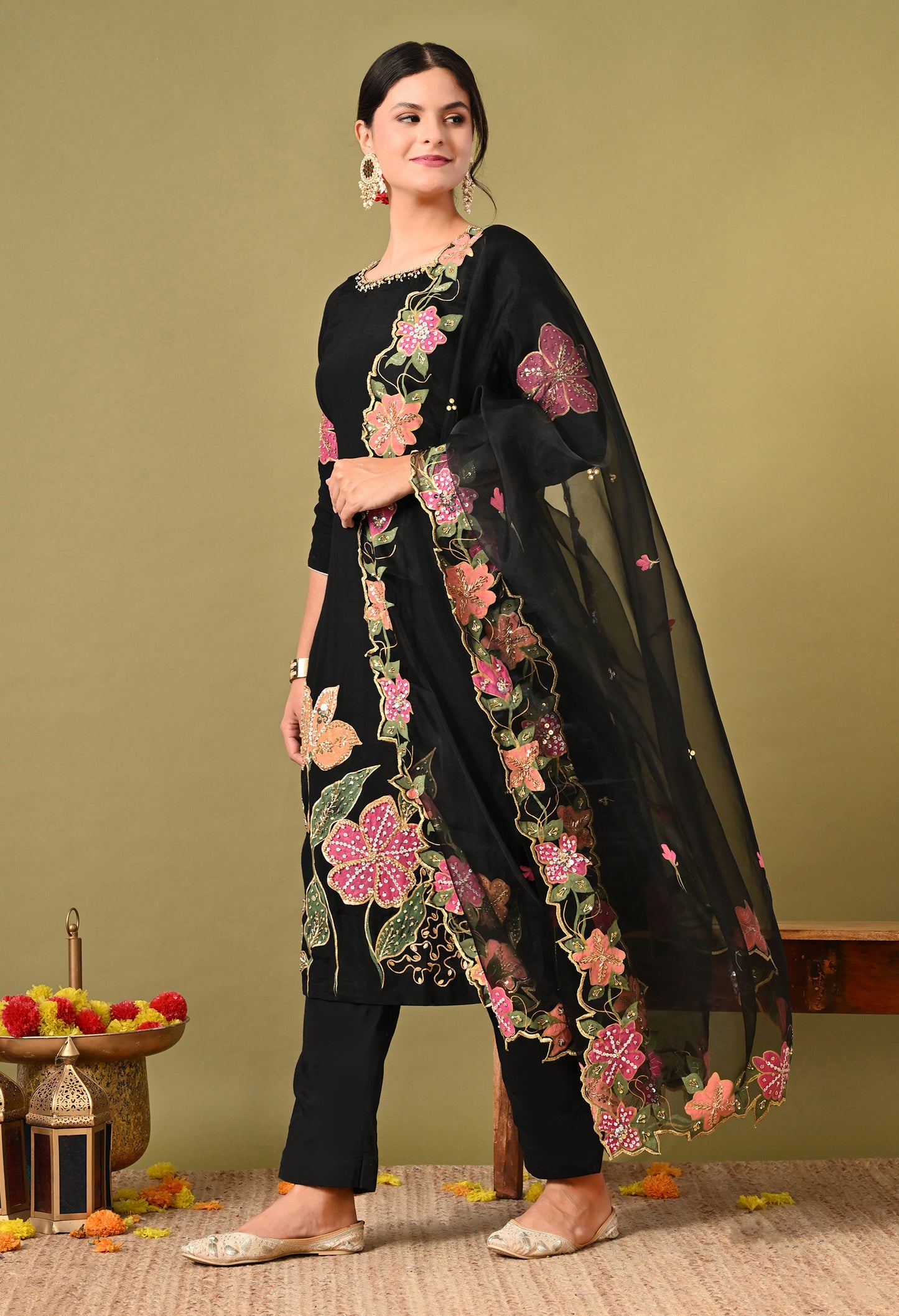 Black Silk Kurta Set with Intricate Embroidery and Hand-Painted Detailing