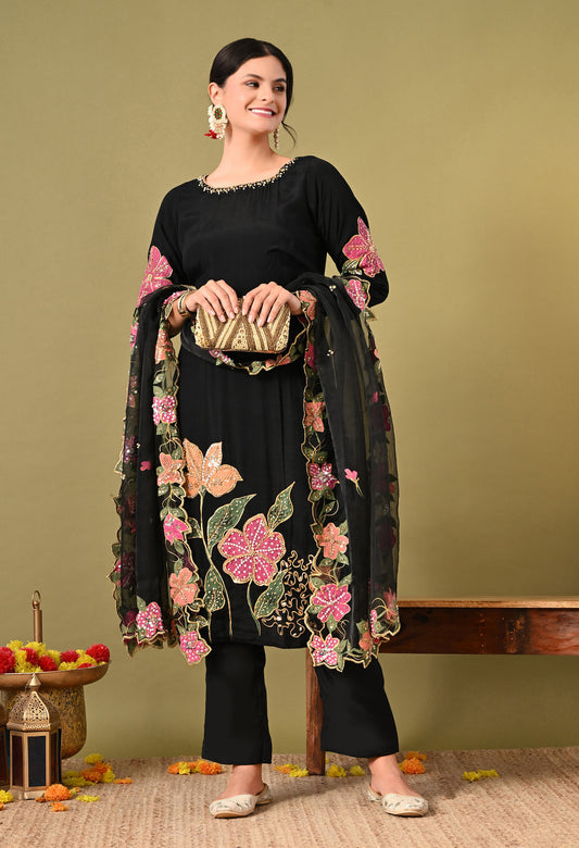 Black Silk Kurta Set with Intricate Embroidery and Hand-Painted Detailing